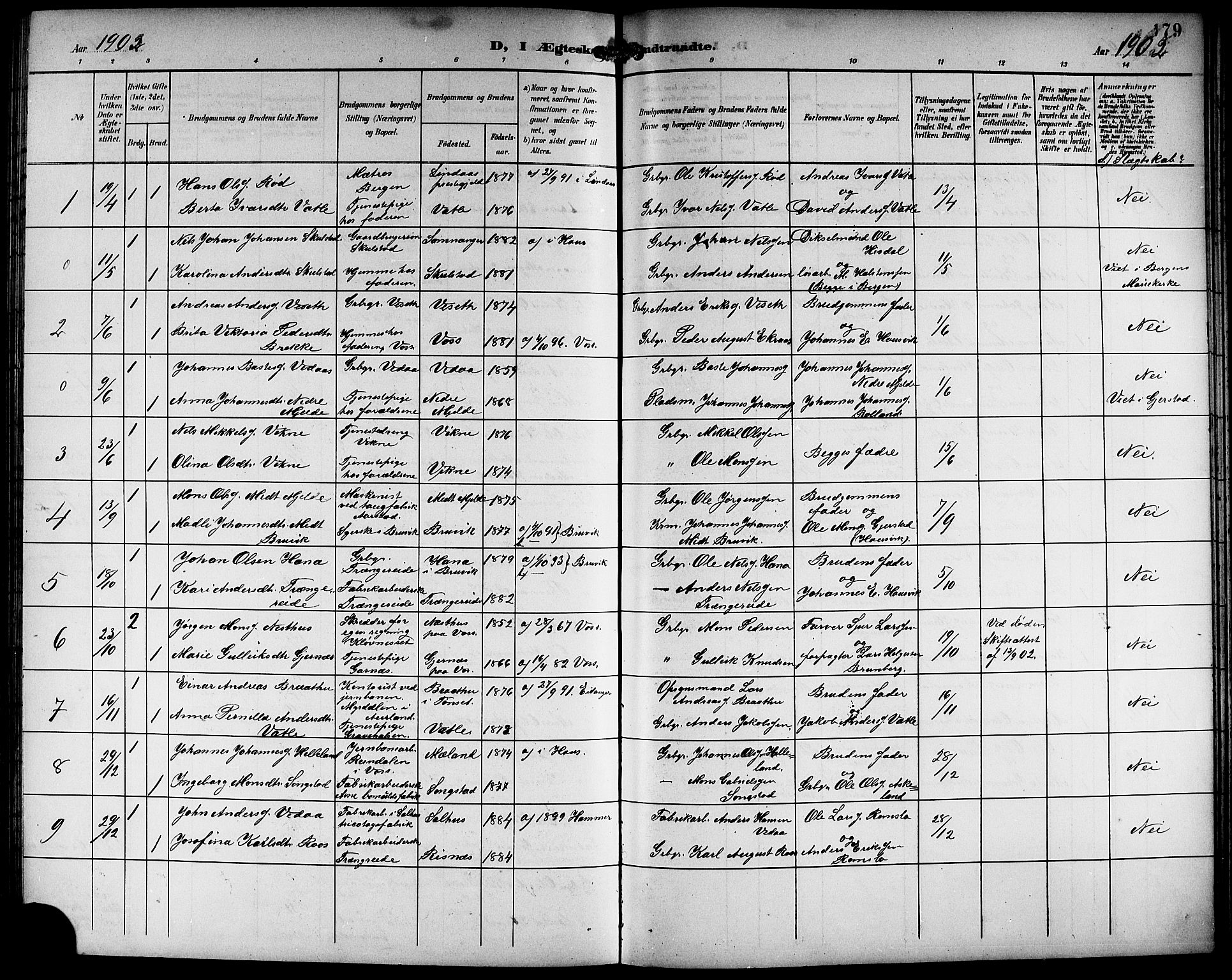 Haus sokneprestembete, SAB/A-75601/H/Hab: Parish register (copy) no. B 4, 1900-1921, p. 179