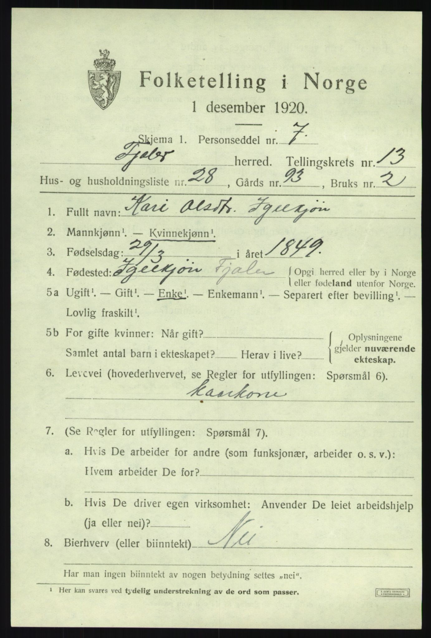 SAB, 1920 census for Fjaler, 1920, p. 7537