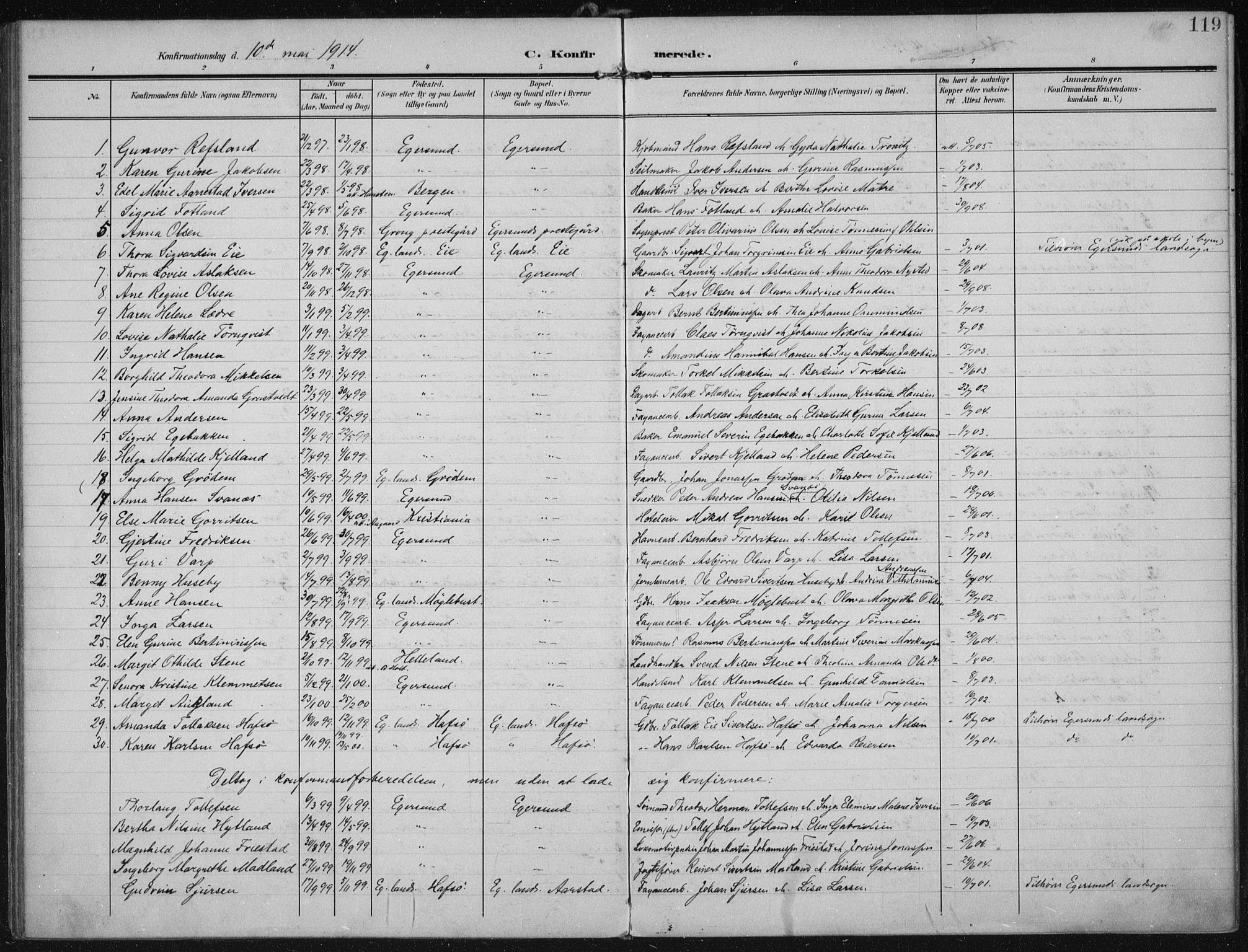 Eigersund sokneprestkontor, AV/SAST-A-101807/S08/L0022: Parish register (official) no. A 21, 1905-1928, p. 119