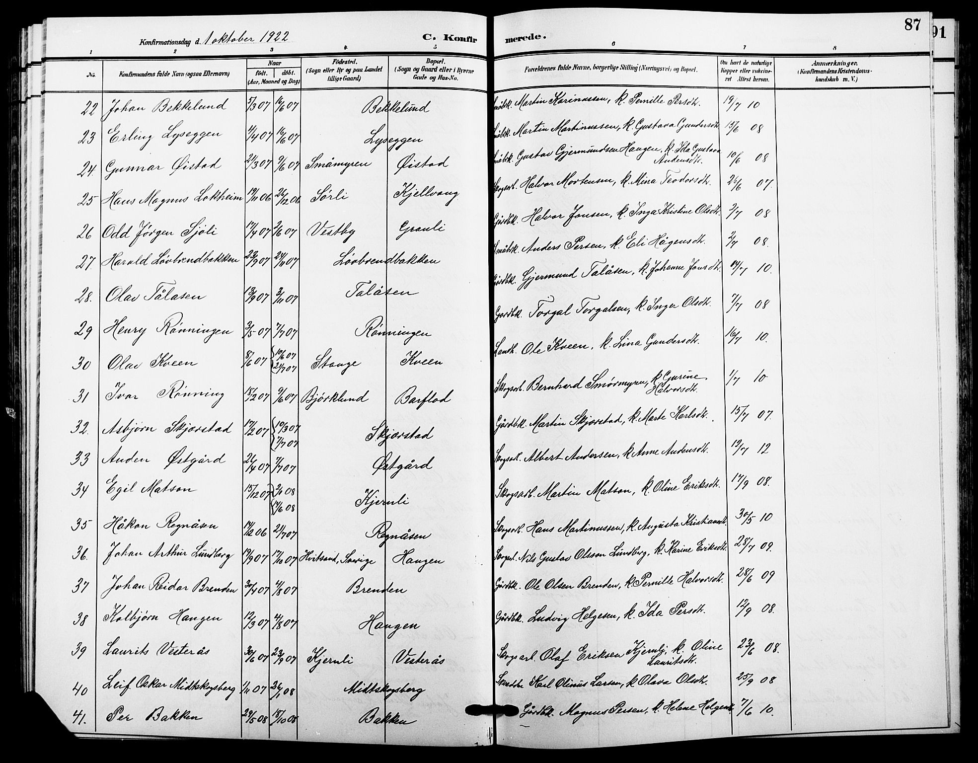 Trysil prestekontor, AV/SAH-PREST-046/H/Ha/Hab/L0009: Parish register (copy) no. 9, 1904-1924, p. 87