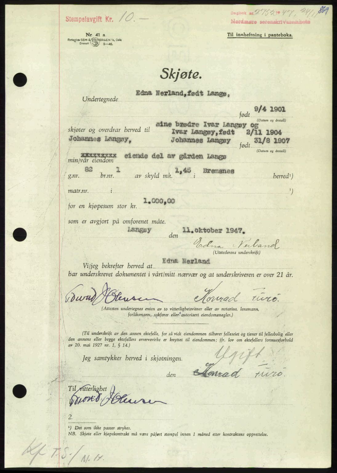 Nordmøre sorenskriveri, AV/SAT-A-4132/1/2/2Ca: Mortgage book no. A106, 1947-1947, Diary no: : 2752/1947