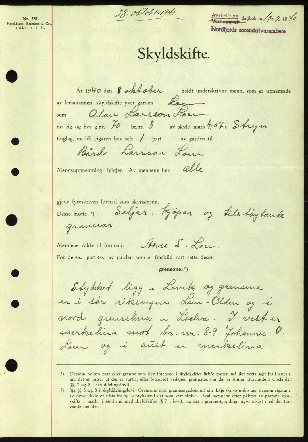 Nordfjord sorenskriveri, AV/SAB-A-2801/02/02b/02bj/L0006: Mortgage book no. A6, 1940-1941, Diary no: : 1302/1940