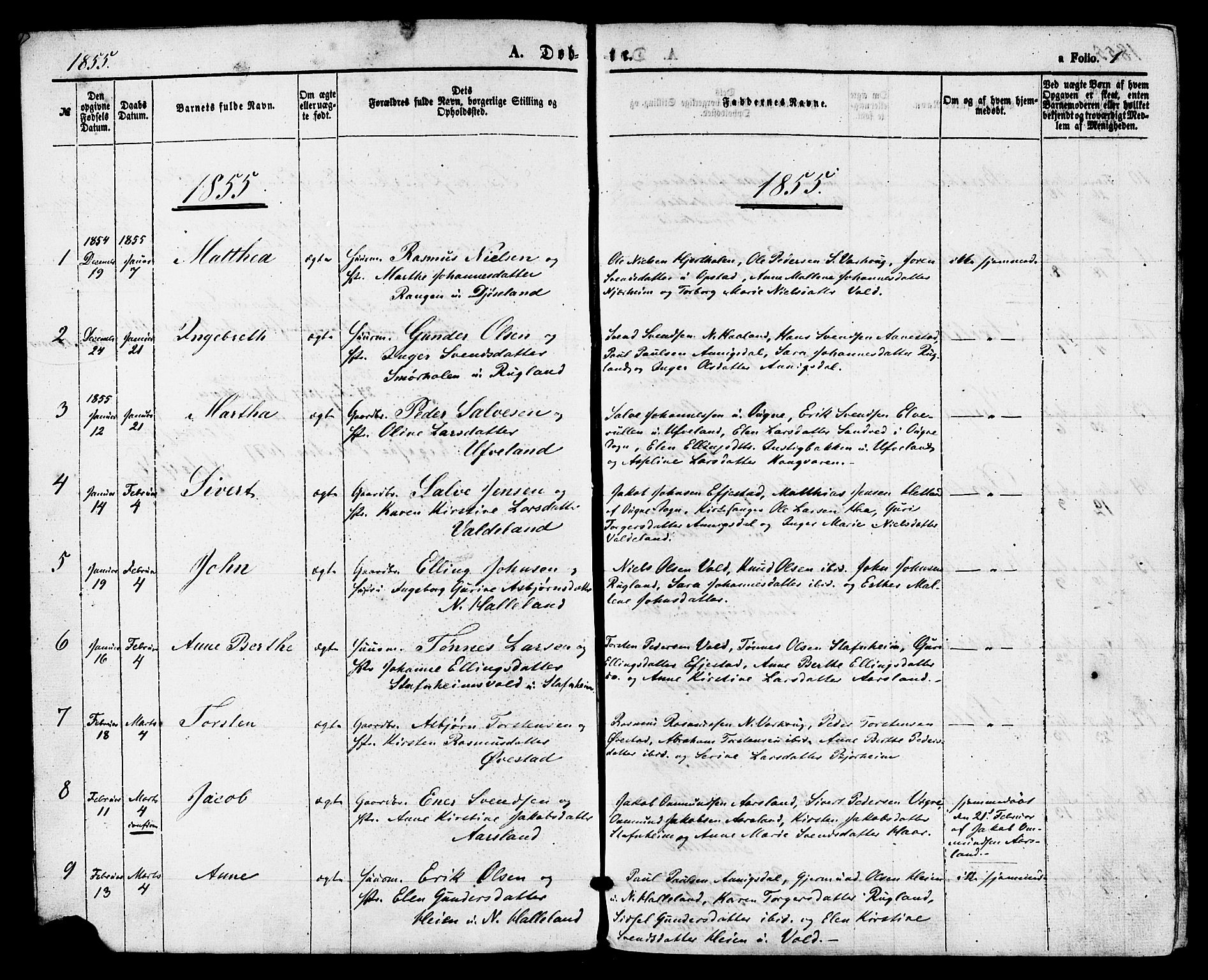 Hå sokneprestkontor, SAST/A-101801/001/30BA/L0009: Parish register (official) no. A 8, 1855-1878, p. 1