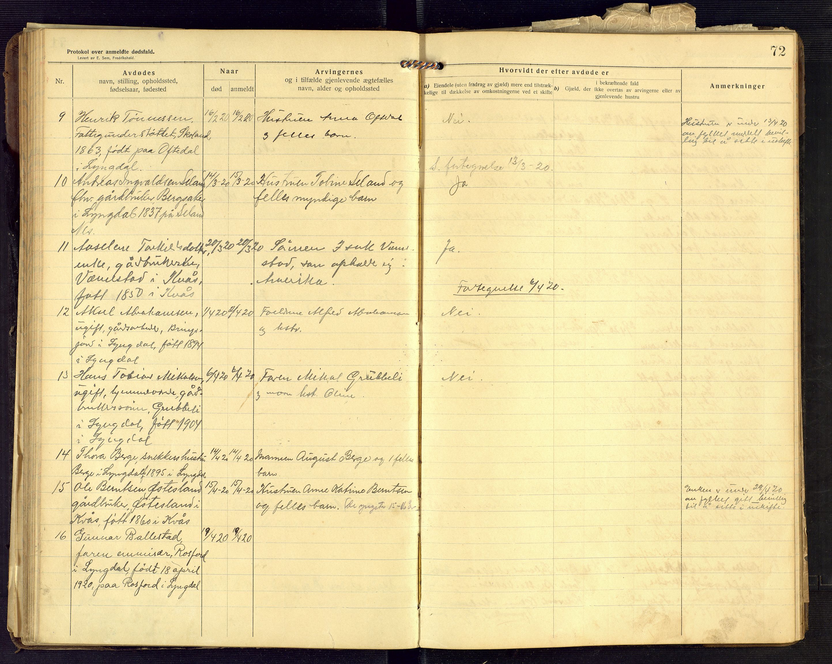 Lyngdal lensmannskontor, AV/SAK-1241-0031/F/Fe/L0001/0003: Dødsfall nr 8 / Dødsfallsprotokoll, 1914-1923, p. 72