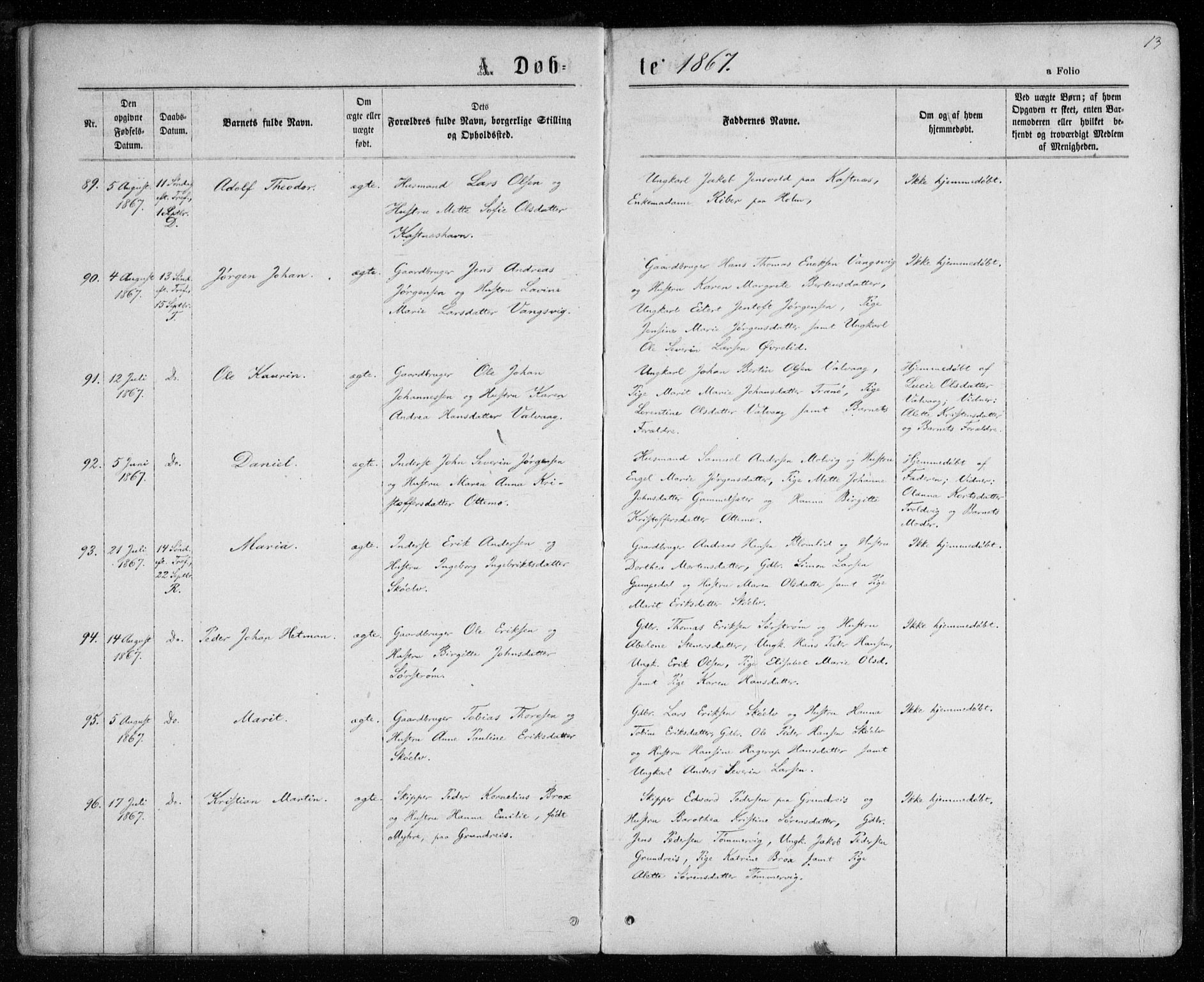 Tranøy sokneprestkontor, SATØ/S-1313/I/Ia/Iaa/L0008kirke: Parish register (official) no. 8, 1867-1877, p. 13