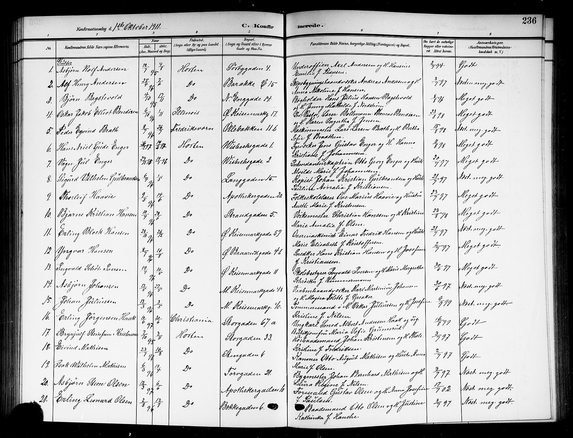 Horten kirkebøker, AV/SAKO-A-348/G/Ga/L0007: Parish register (copy) no. 7, 1905-1915, p. 236