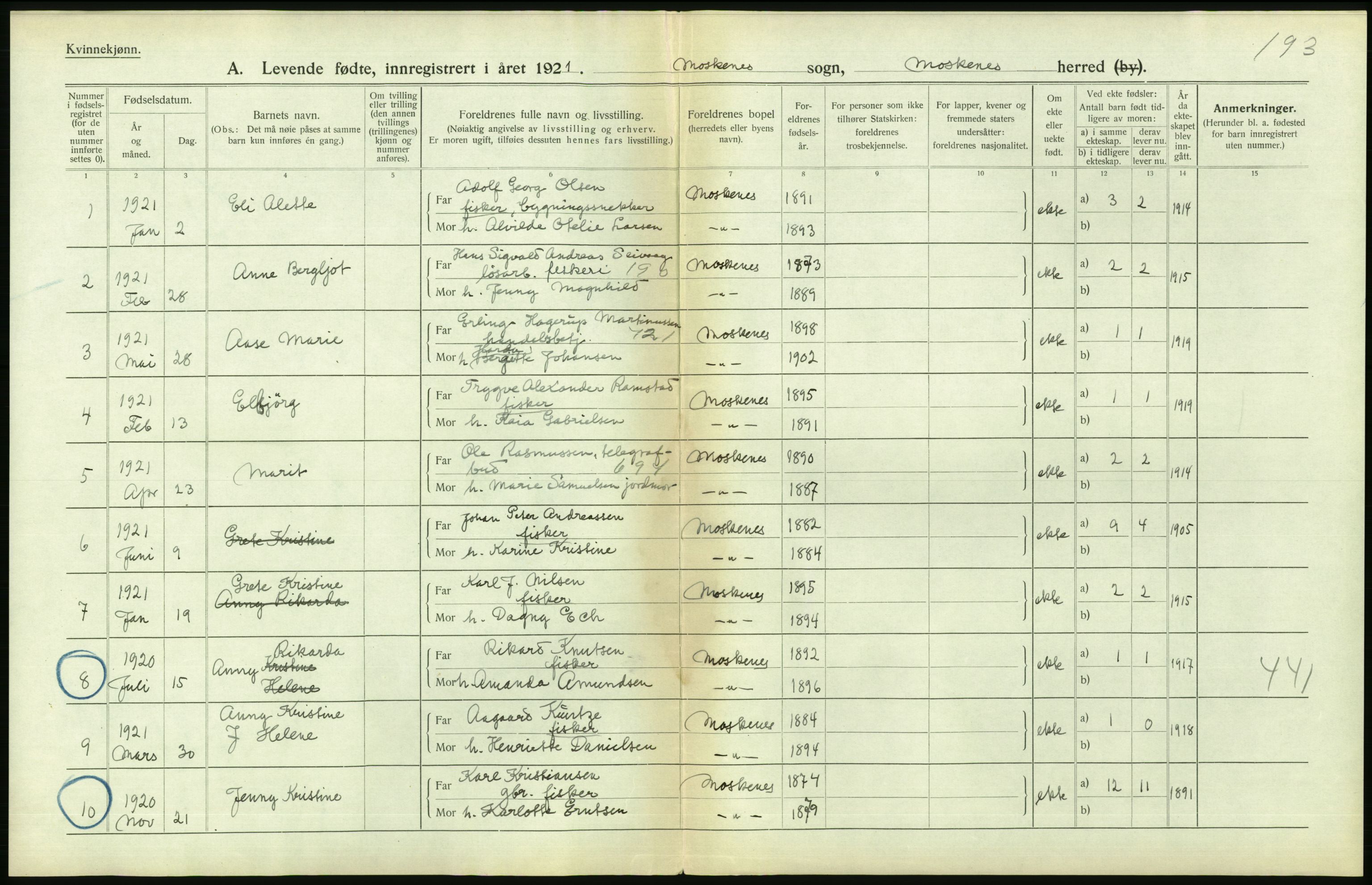 Statistisk sentralbyrå, Sosiodemografiske emner, Befolkning, RA/S-2228/D/Df/Dfc/Dfca/L0049: Nordland fylke: Levendefødte menn og kvinner. Bygder., 1921, p. 358