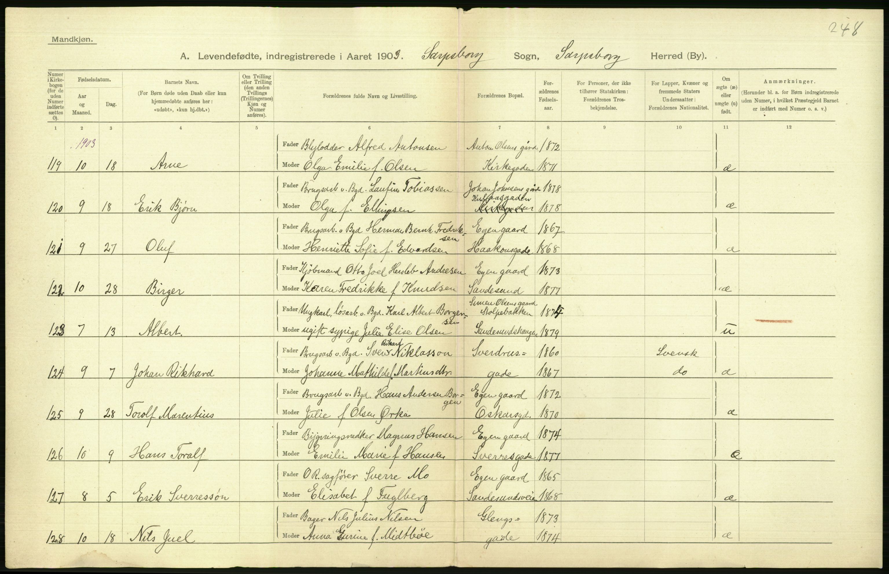 Statistisk sentralbyrå, Sosiodemografiske emner, Befolkning, AV/RA-S-2228/D/Df/Dfa/Dfaa/L0001: Smålenenes amt: Fødte, gifte, døde, 1903, p. 362