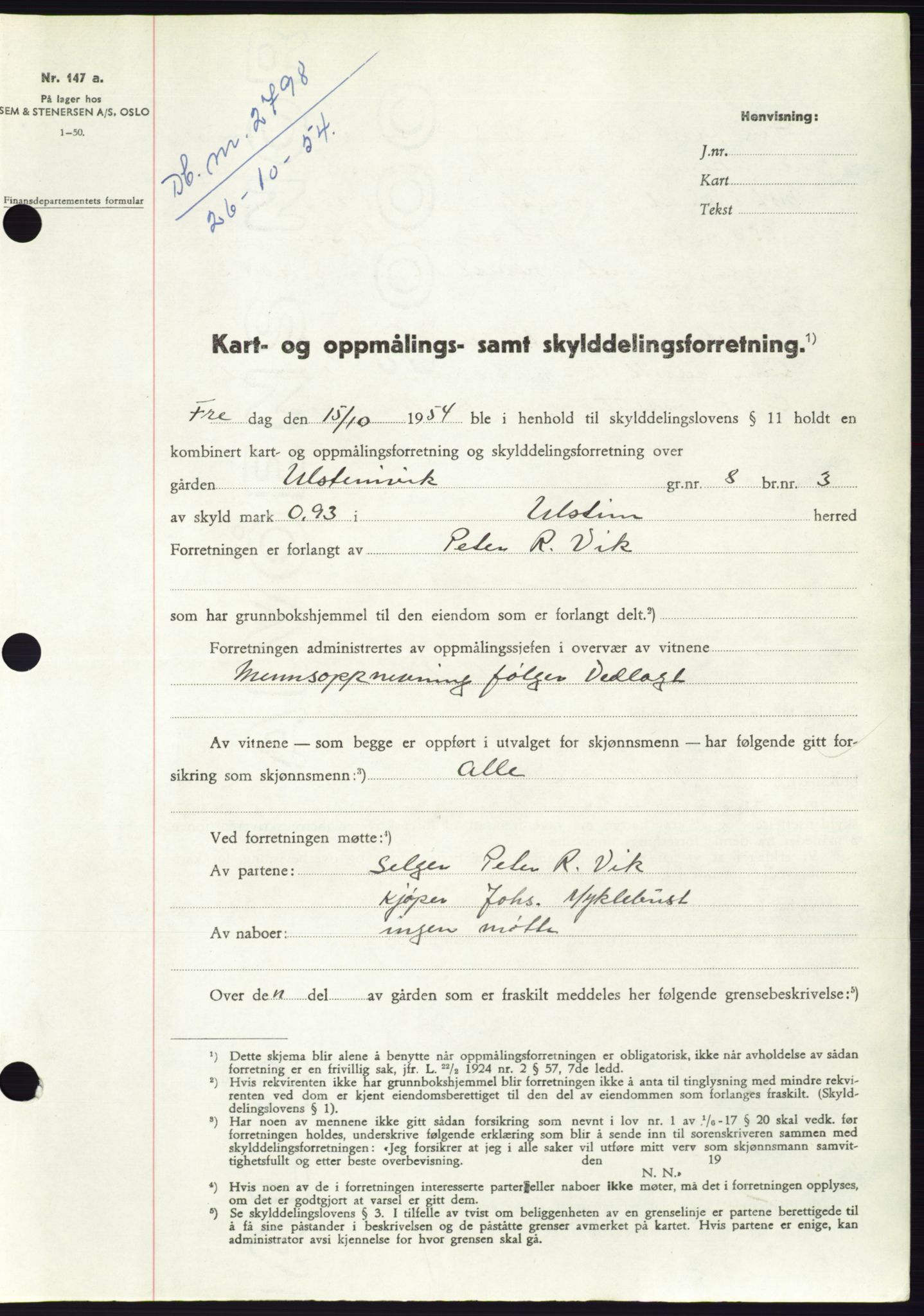 Søre Sunnmøre sorenskriveri, AV/SAT-A-4122/1/2/2C/L0099: Mortgage book no. 25A, 1954-1954, Diary no: : 2798/1954