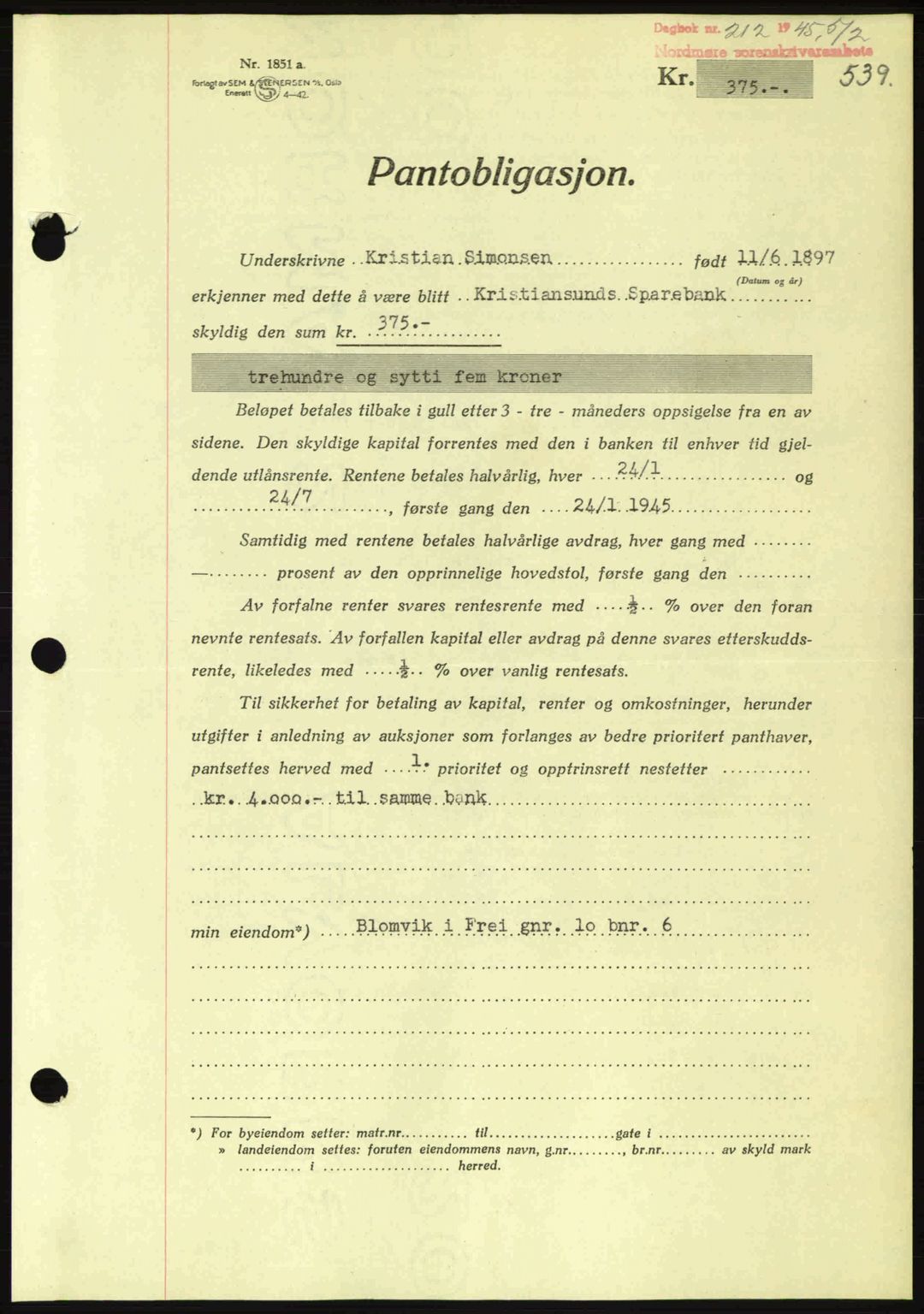 Nordmøre sorenskriveri, AV/SAT-A-4132/1/2/2Ca: Mortgage book no. B92, 1944-1945, Diary no: : 212/1945