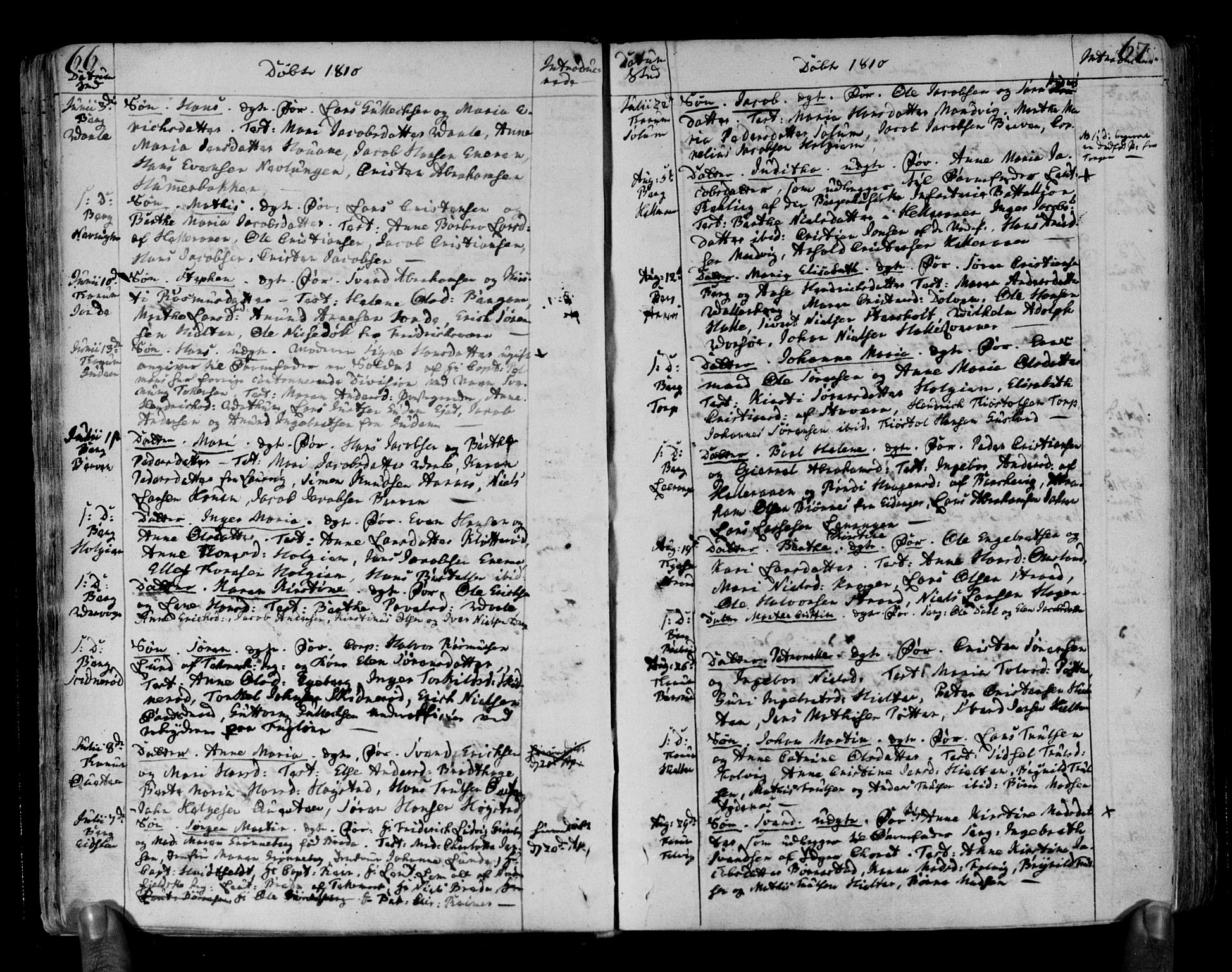 Brunlanes kirkebøker, AV/SAKO-A-342/F/Fa/L0002: Parish register (official) no. I 2, 1802-1834, p. 66-67