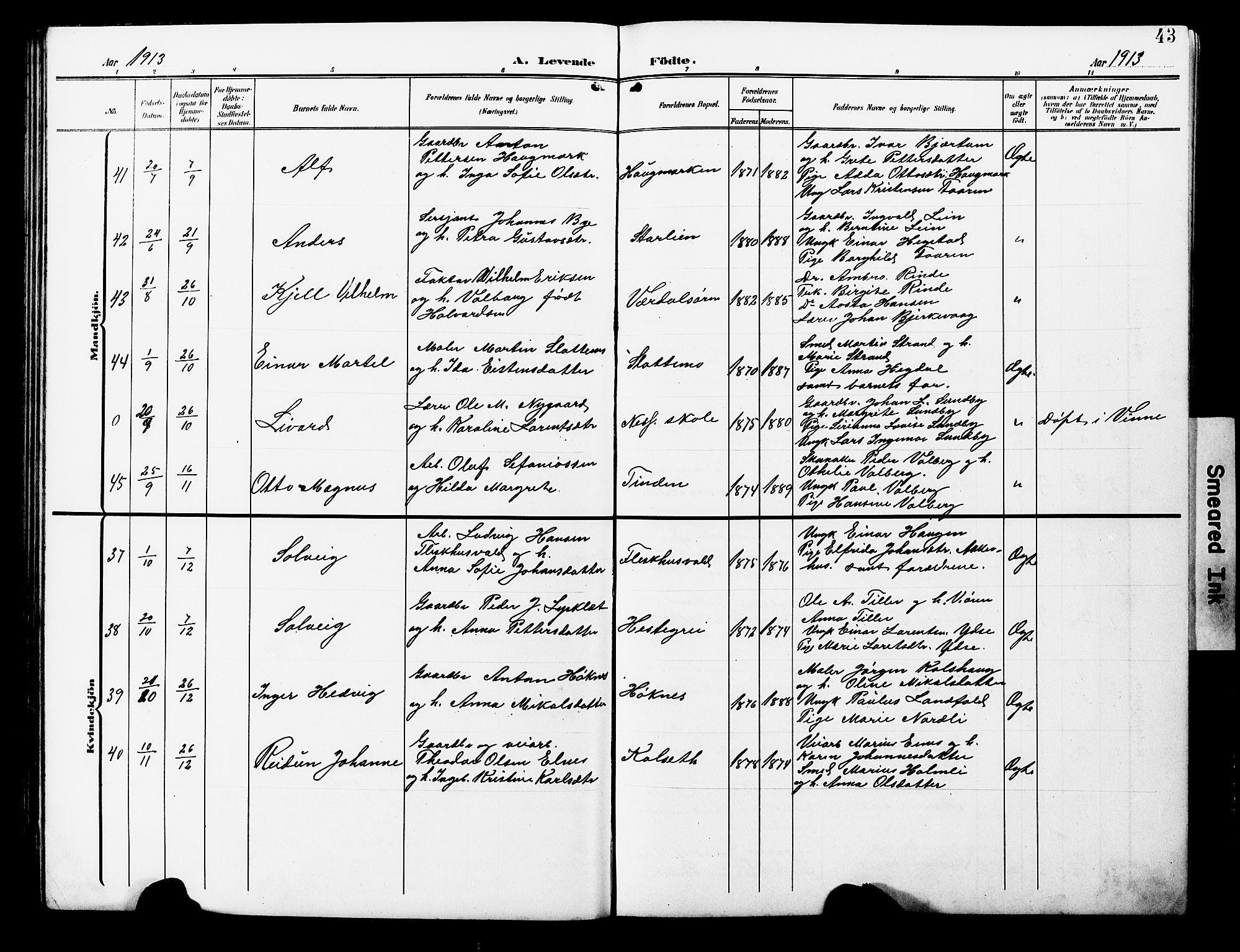 Ministerialprotokoller, klokkerbøker og fødselsregistre - Nord-Trøndelag, SAT/A-1458/723/L0258: Parish register (copy) no. 723C06, 1908-1927, p. 43