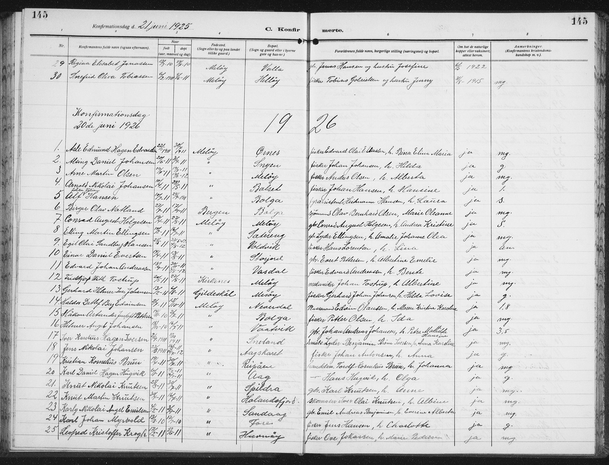 Ministerialprotokoller, klokkerbøker og fødselsregistre - Nordland, AV/SAT-A-1459/843/L0640: Parish register (copy) no. 843C09, 1925-1941, p. 145