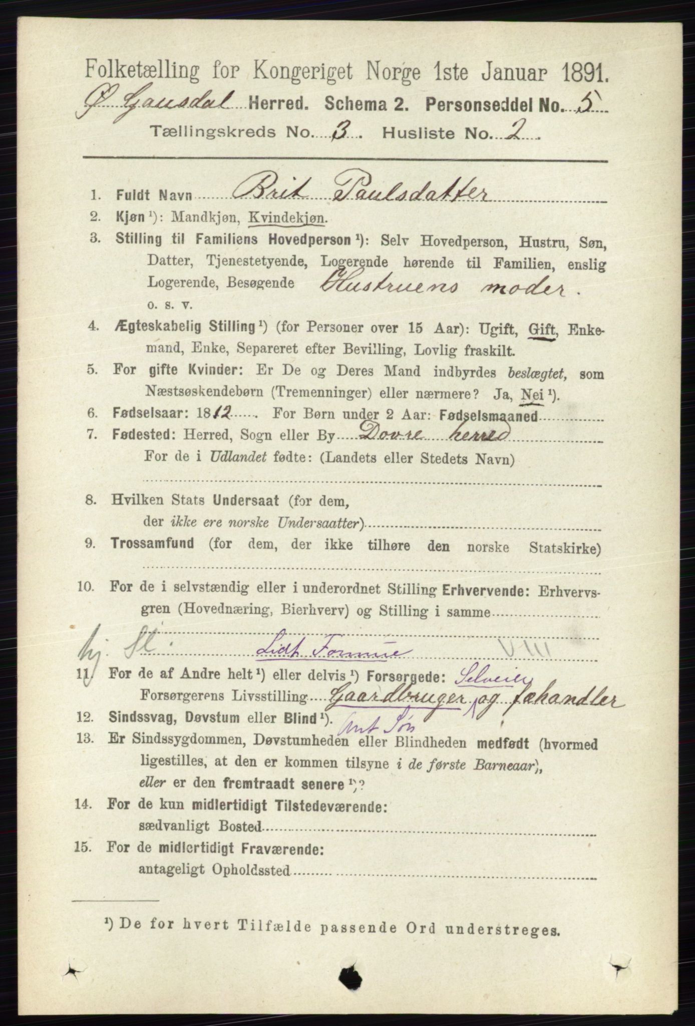 RA, 1891 census for 0522 Østre Gausdal, 1891, p. 1725