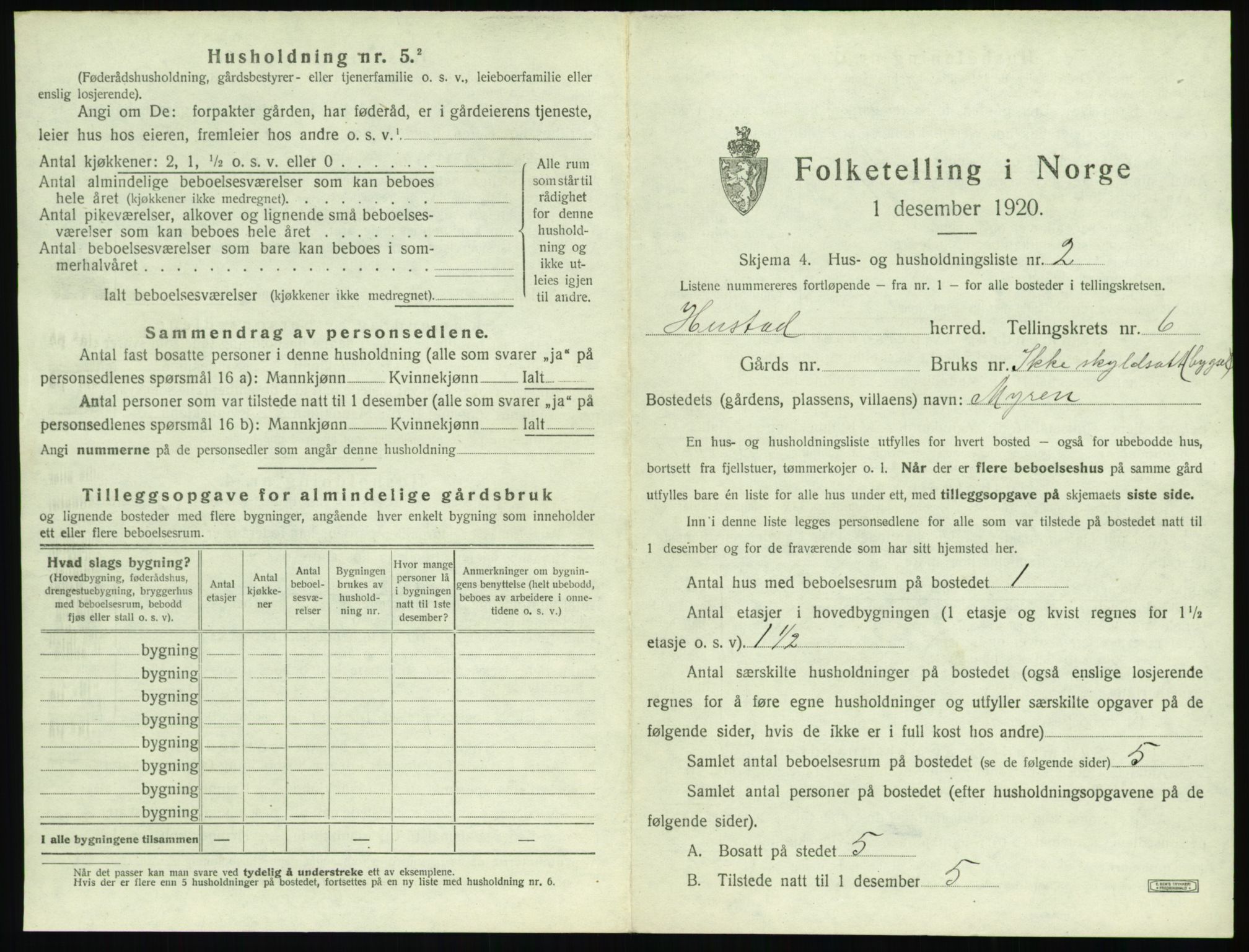 SAT, 1920 census for Hustad, 1920, p. 609