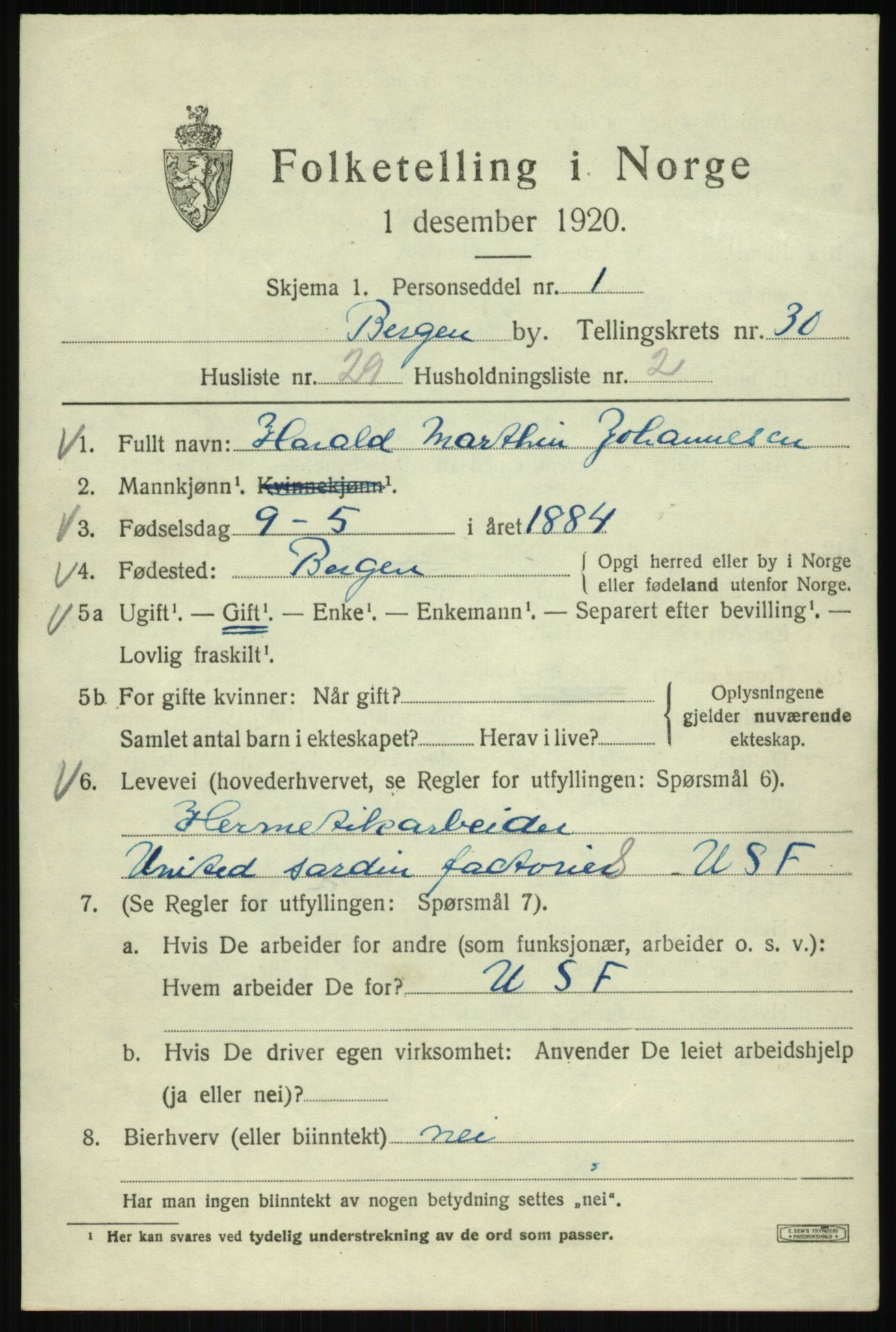 SAB, 1920 census for Bergen, 1920, p. 95840