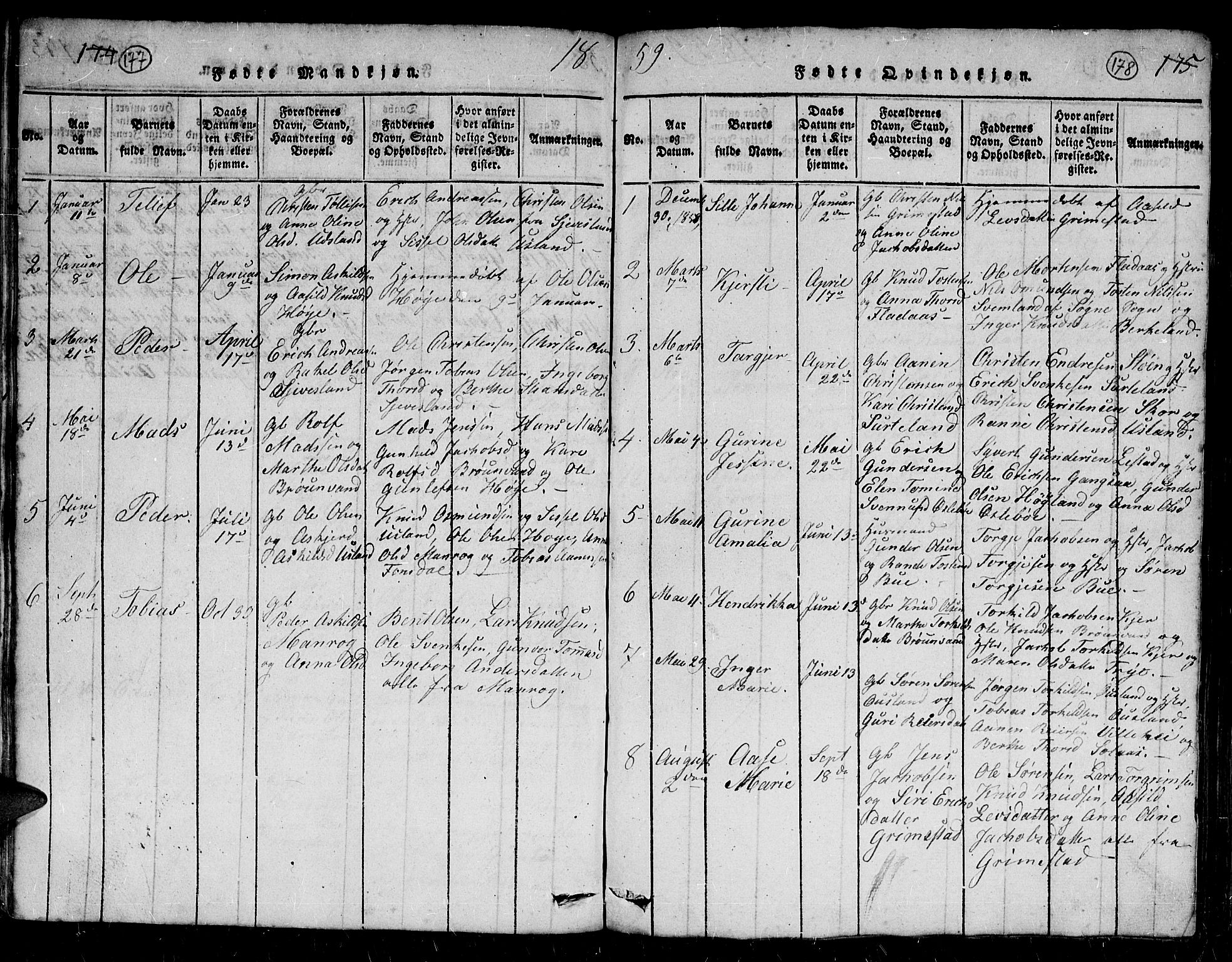 Holum sokneprestkontor, AV/SAK-1111-0022/F/Fb/Fbc/L0001: Parish register (copy) no. B 1, 1820-1859, p. 177-178