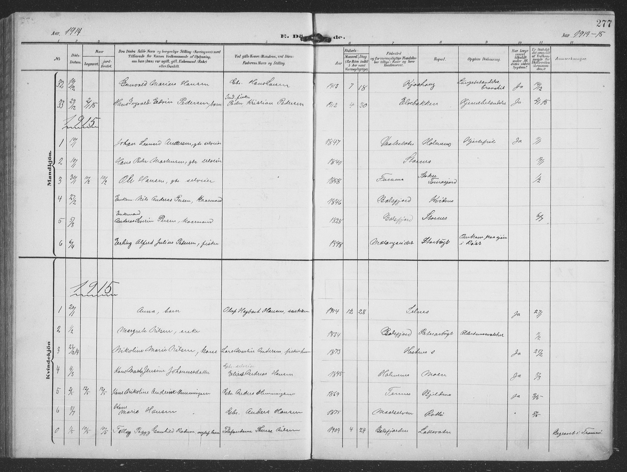 Balsfjord sokneprestembete, SATØ/S-1303/G/Ga/L0009klokker: Parish register (copy) no. 9, 1906-1920, p. 277