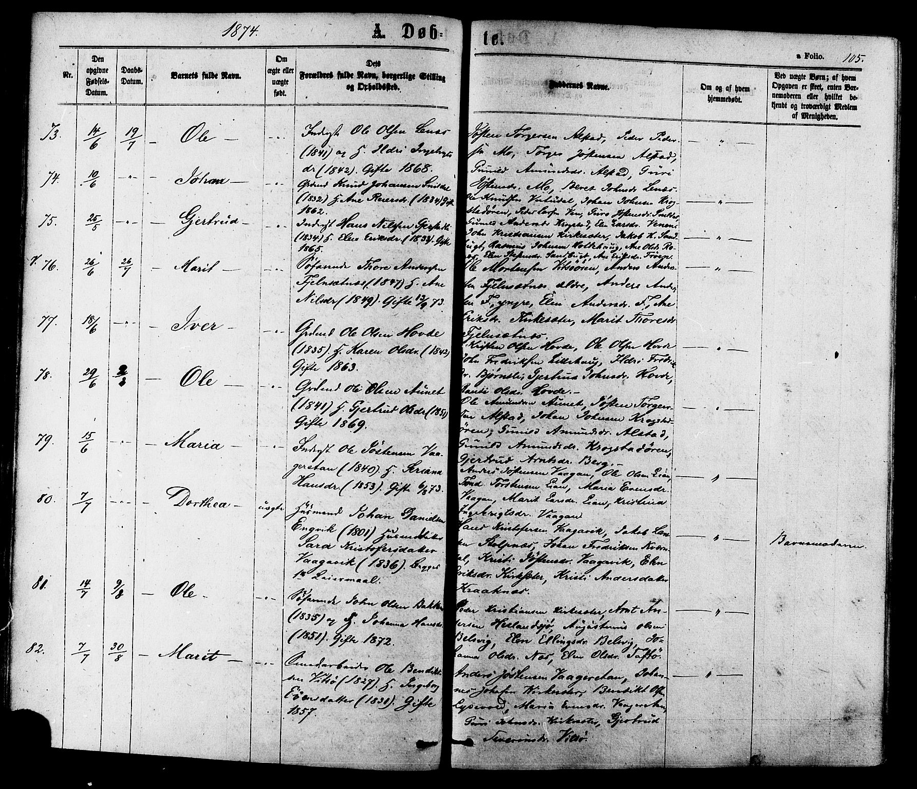 Ministerialprotokoller, klokkerbøker og fødselsregistre - Sør-Trøndelag, AV/SAT-A-1456/630/L0495: Parish register (official) no. 630A08, 1868-1878, p. 105