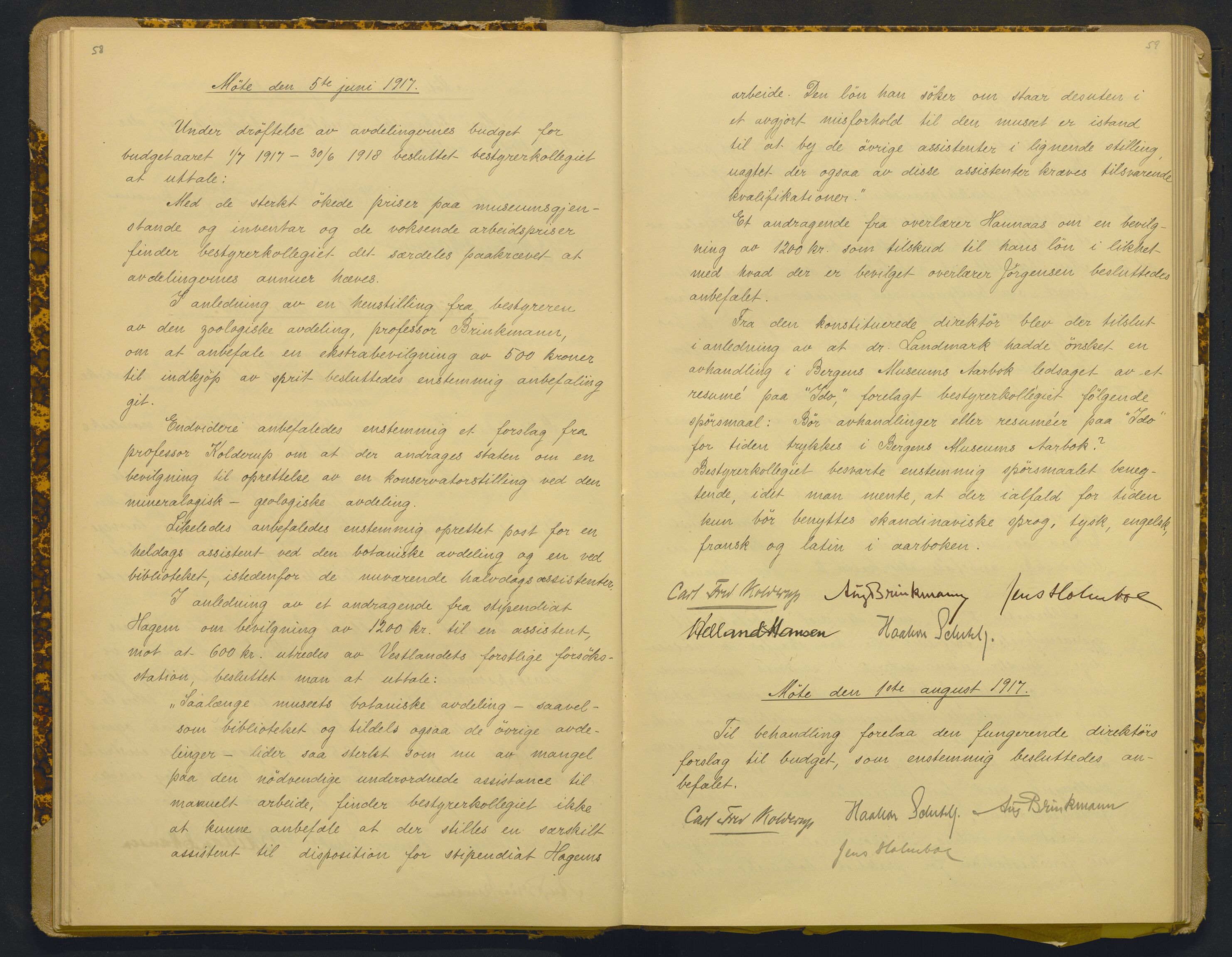 Bergens Museum, AV/SAB-A-17301/18/A/L0001: Bestyrerkollegiets forhandlingsprotokoll med register , 1907-1927, p. 58-59