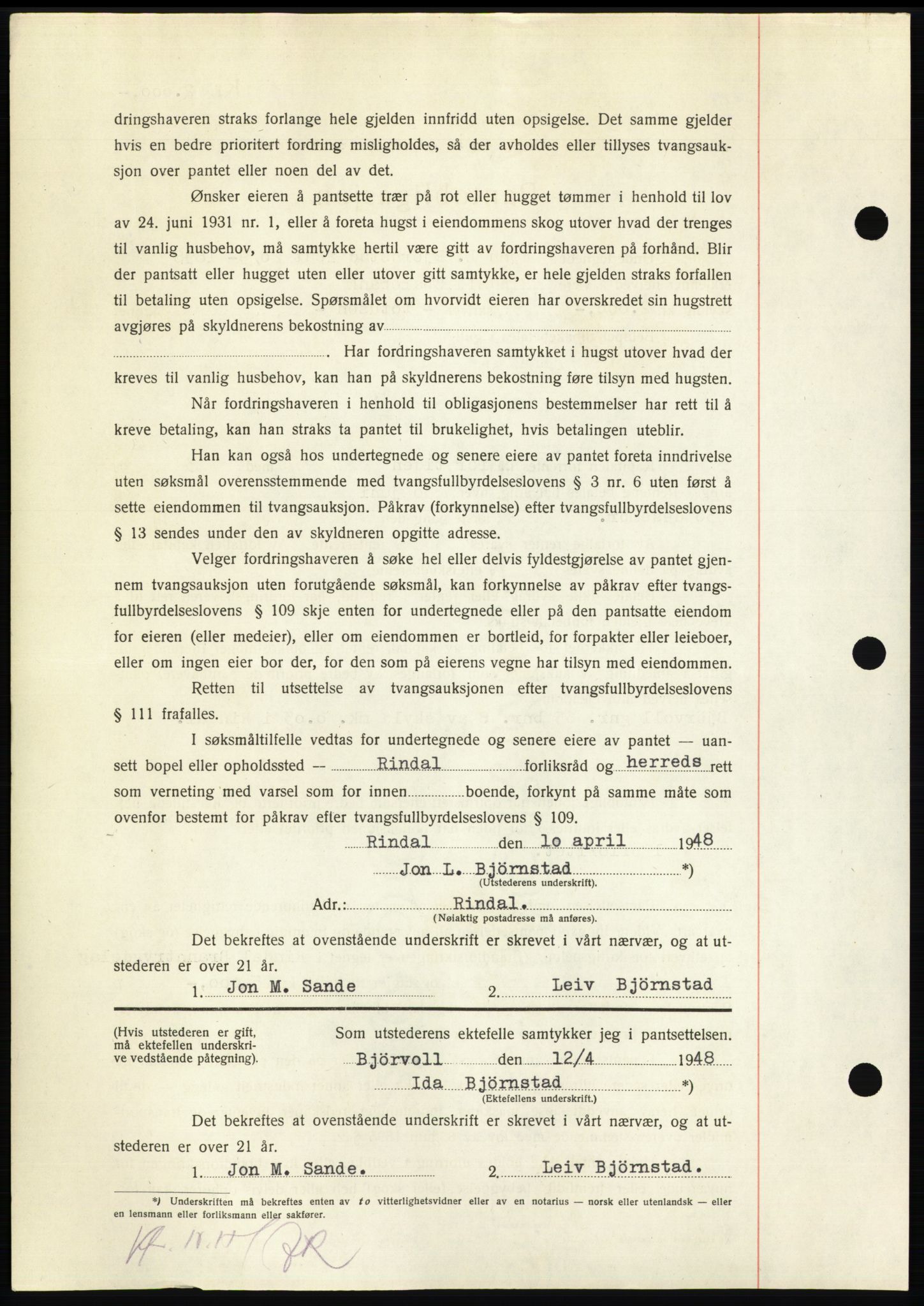 Nordmøre sorenskriveri, AV/SAT-A-4132/1/2/2Ca: Mortgage book no. B98, 1948-1948, Diary no: : 909/1948