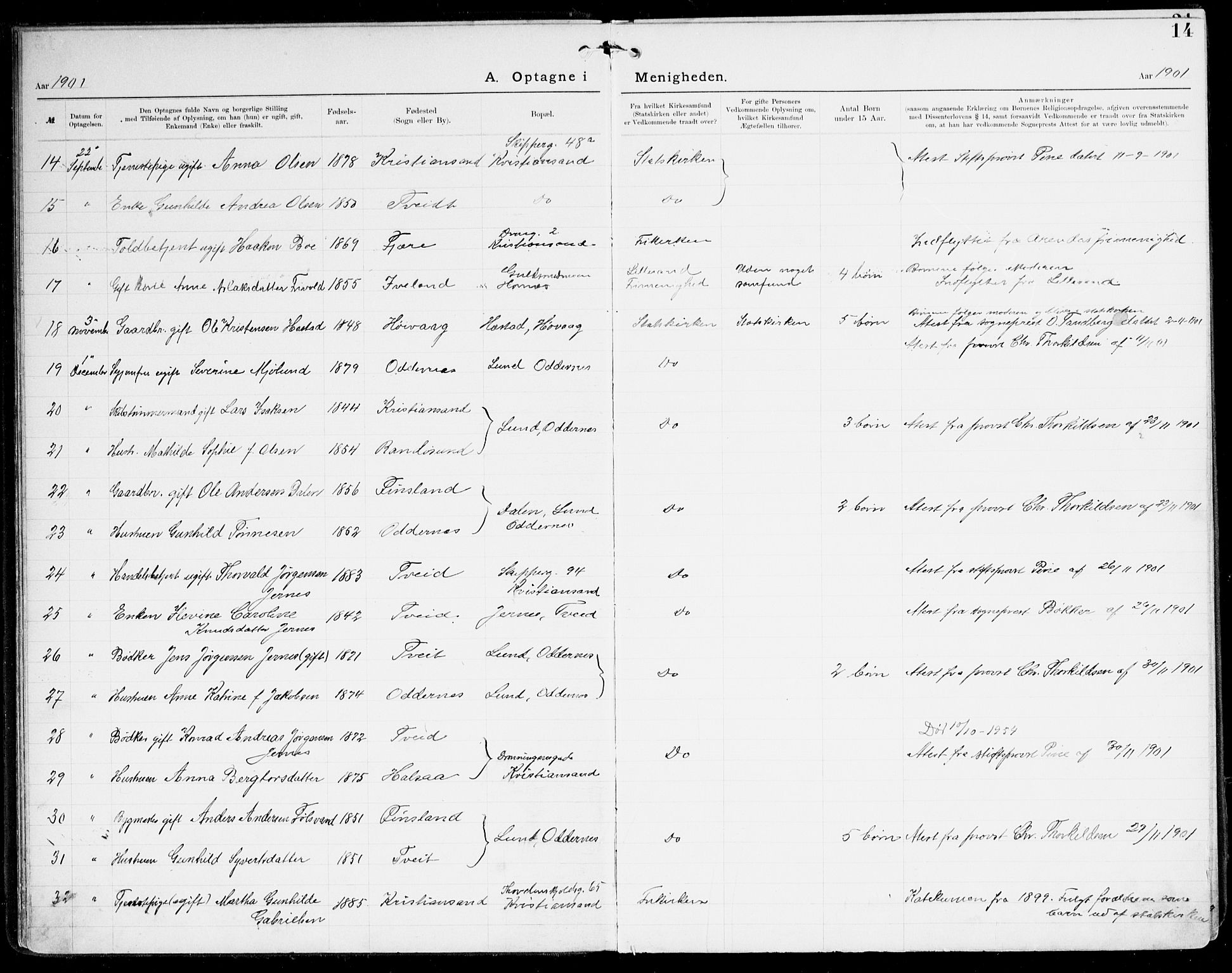 Den evangelisk-lutherske frikirke, Kristiansand, AV/SAK-1292-0017/F/Fa/L0003: Dissenter register no. F 11, 1892-1925, p. 14