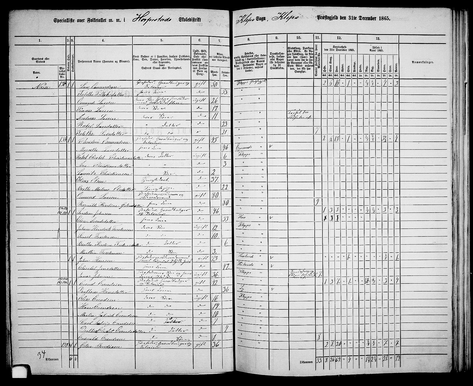 RA, 1865 census for Klepp, 1865, p. 52