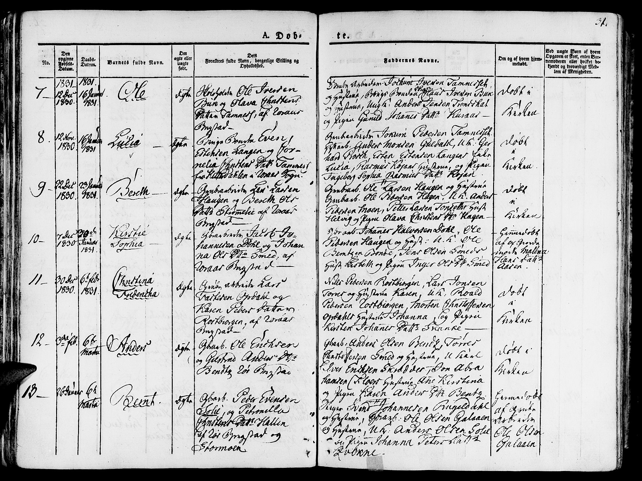 Ministerialprotokoller, klokkerbøker og fødselsregistre - Sør-Trøndelag, SAT/A-1456/681/L0930: Parish register (official) no. 681A08, 1829-1844, p. 31