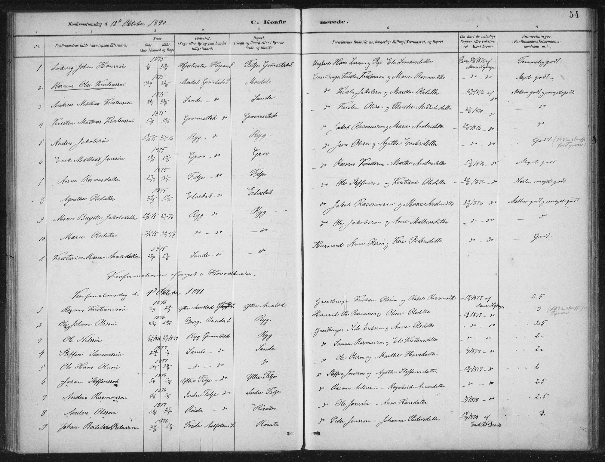 Gloppen sokneprestembete, SAB/A-80101/H/Haa/Haad/L0001: Parish register (official) no. D  1, 1885-1910, p. 54