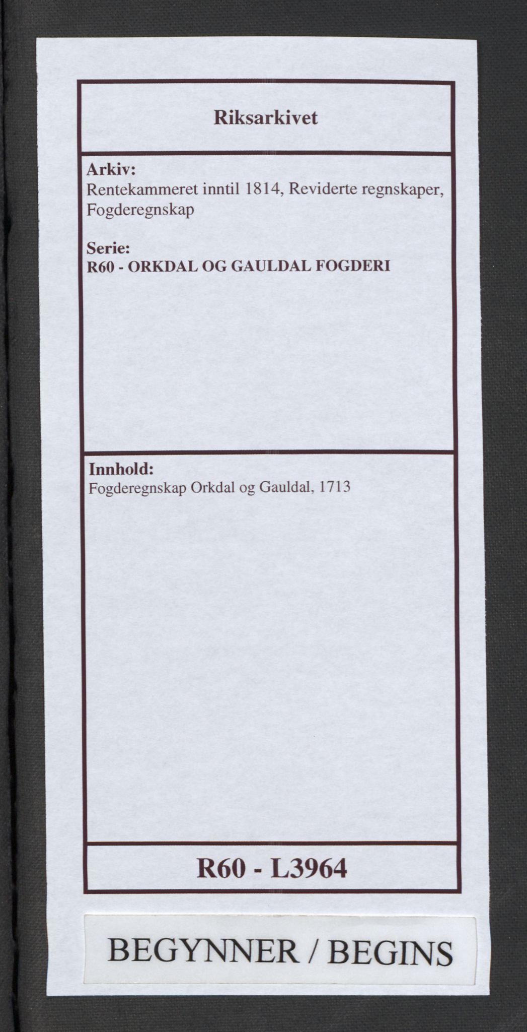 Rentekammeret inntil 1814, Reviderte regnskaper, Fogderegnskap, AV/RA-EA-4092/R60/L3964: Fogderegnskap Orkdal og Gauldal, 1713, p. 1