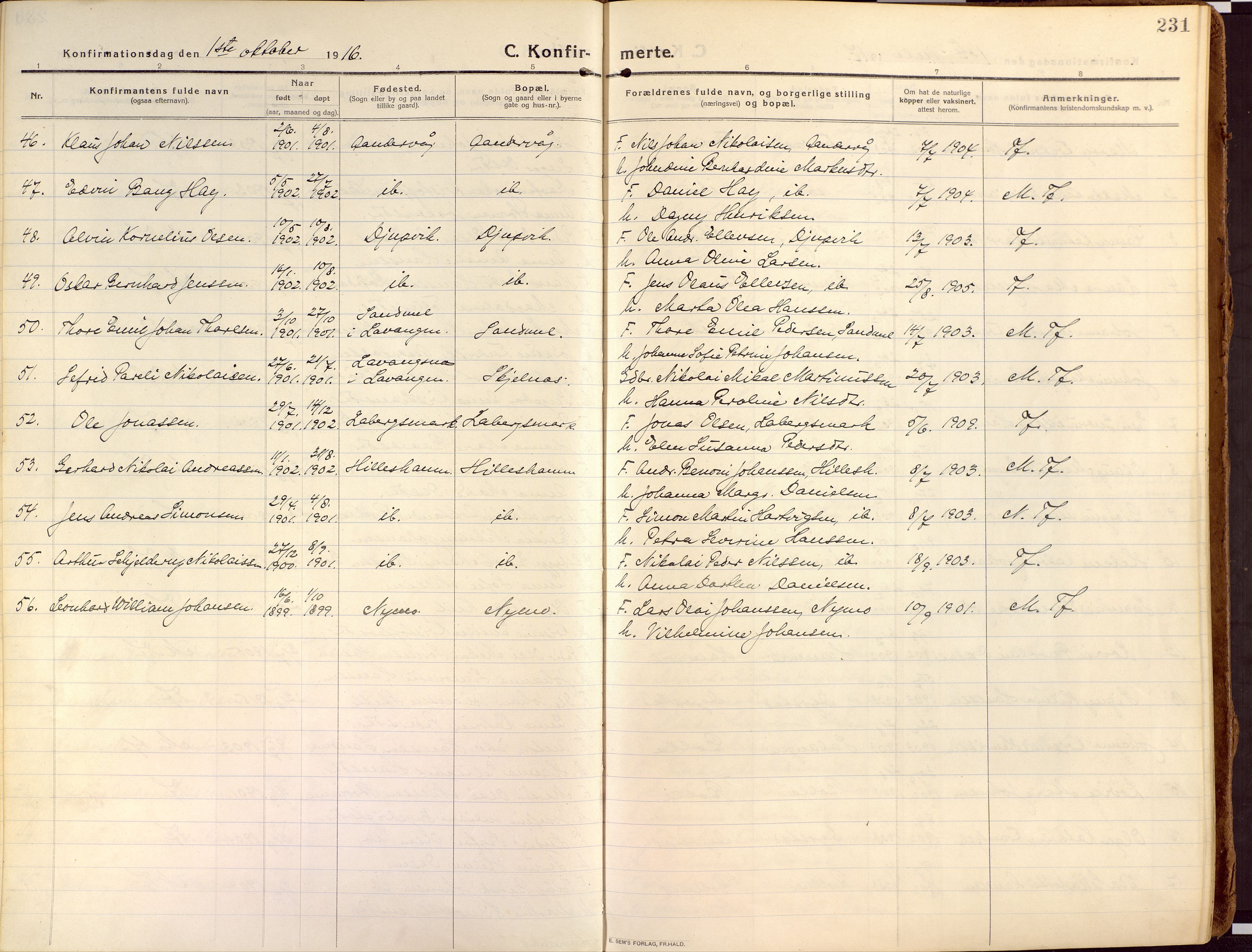 Ibestad sokneprestembete, AV/SATØ-S-0077/H/Ha/Haa/L0018kirke: Parish register (official) no. 18, 1915-1929, p. 231