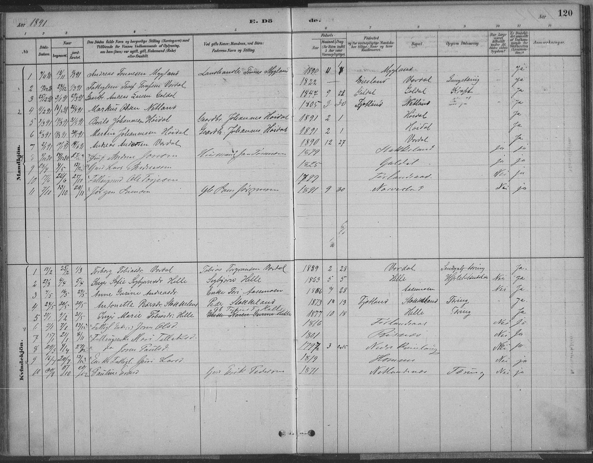 Fjotland sokneprestkontor, AV/SAK-1111-0010/F/Fa/L0002: Parish register (official) no. A 2, 1880-1898, p. 120