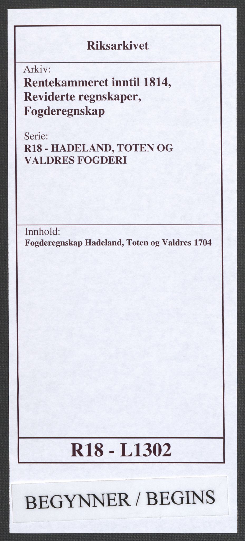 Rentekammeret inntil 1814, Reviderte regnskaper, Fogderegnskap, AV/RA-EA-4092/R18/L1302: Fogderegnskap Hadeland, Toten og Valdres, 1704, p. 1