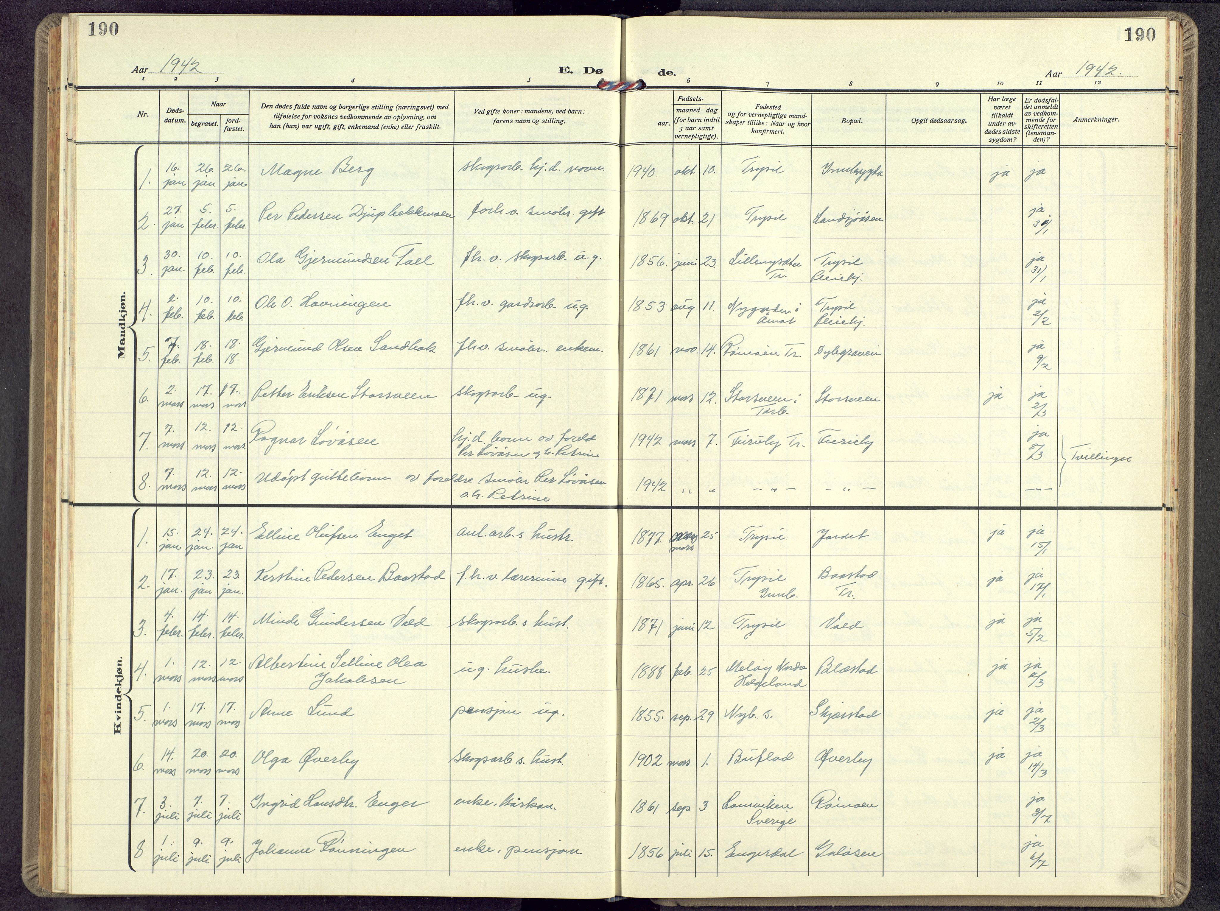Trysil prestekontor, SAH/PREST-046/H/Ha/Hab/L0012: Parish register (copy) no. 12, 1938-1959, p. 190