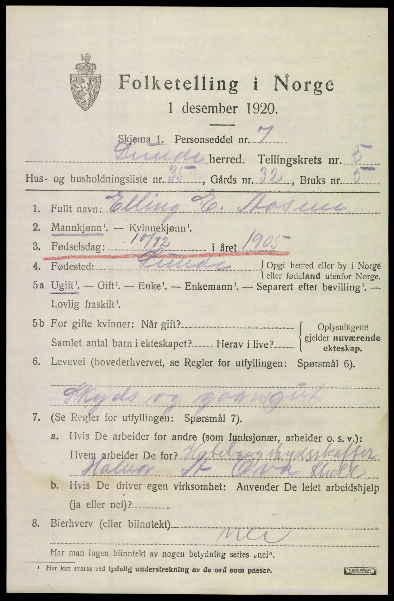 SAKO, 1920 census for Lunde, 1920, p. 3829