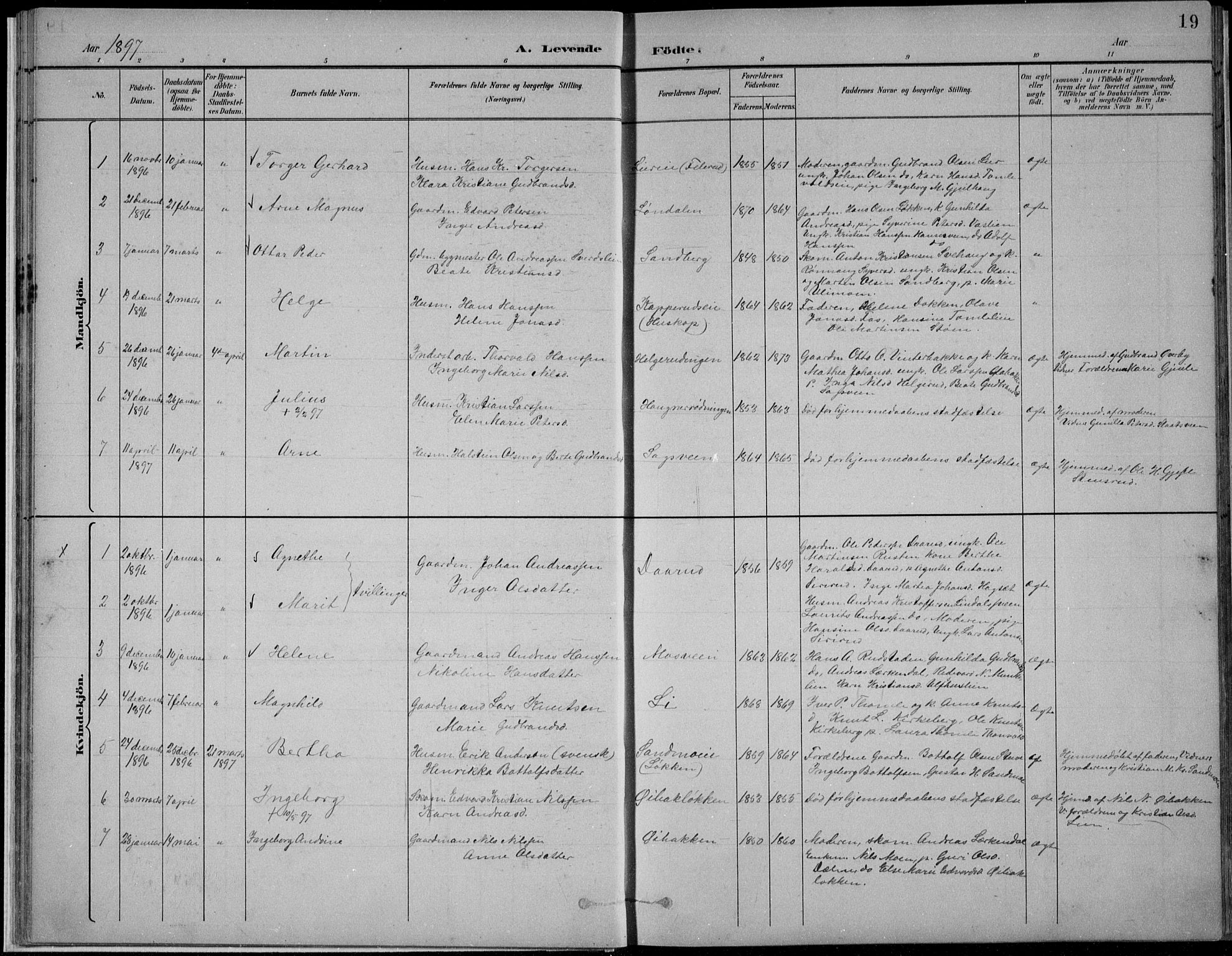 Nordre Land prestekontor, SAH/PREST-124/H/Ha/Hab/L0013: Parish register (copy) no. 13, 1891-1904, p. 19