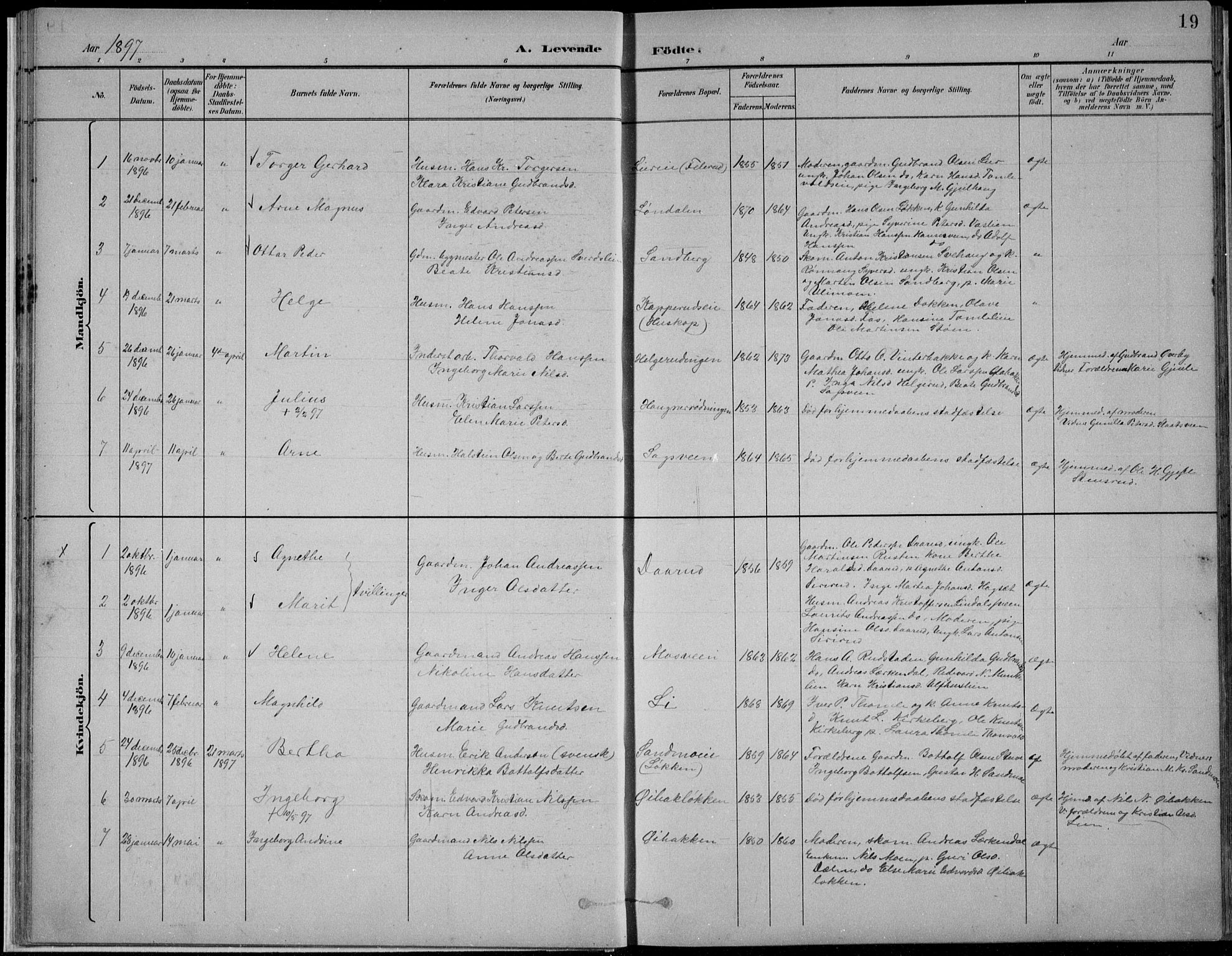 Nordre Land prestekontor, AV/SAH-PREST-124/H/Ha/Hab/L0013: Parish register (copy) no. 13, 1891-1904, p. 19