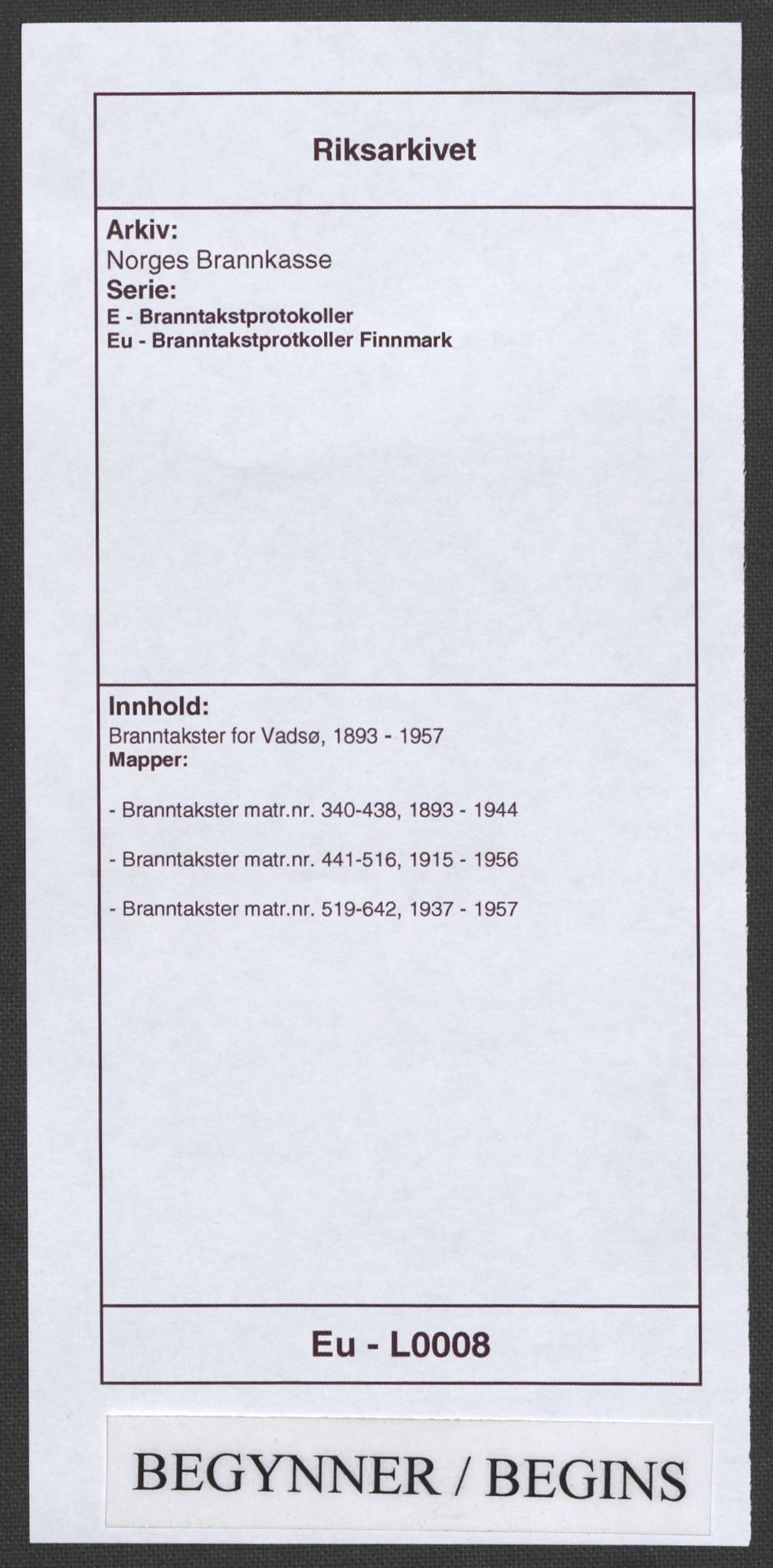 Norges Brannkasse, RA/S-1549/E/Eu/L0008: Branntakster for Vadsø, 1893-1957, p. 1