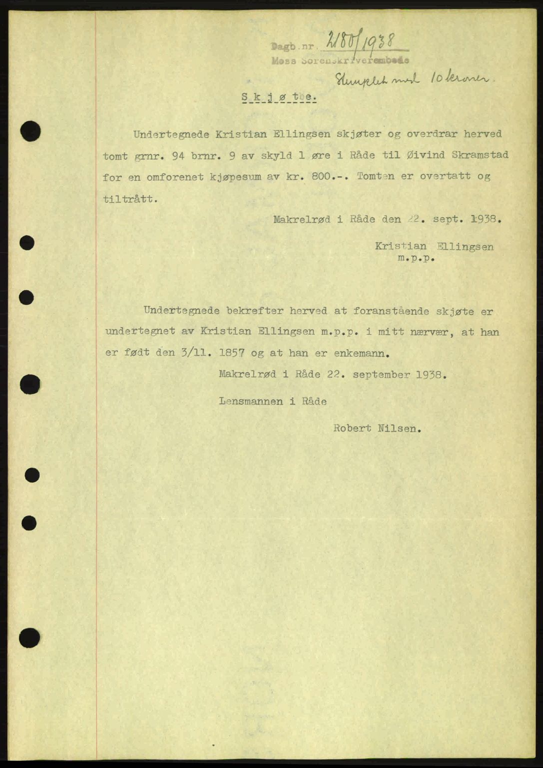 Moss sorenskriveri, SAO/A-10168: Mortgage book no. A5, 1938-1939, Diary no: : 2180/1938