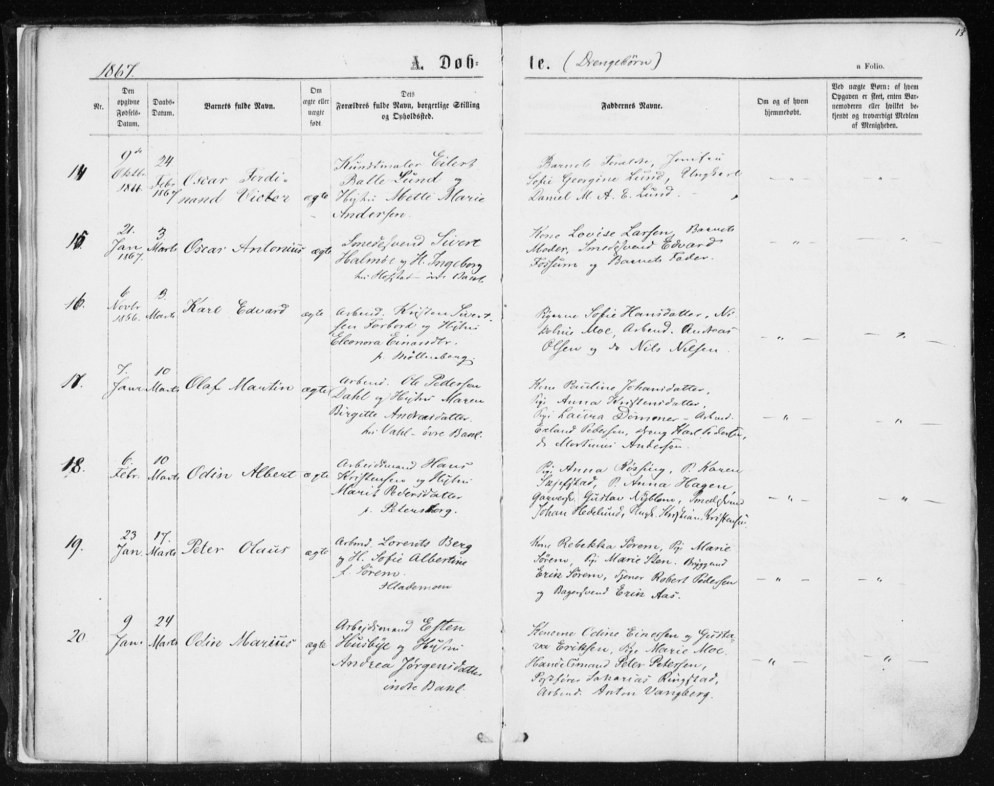 Ministerialprotokoller, klokkerbøker og fødselsregistre - Sør-Trøndelag, SAT/A-1456/604/L0186: Parish register (official) no. 604A07, 1866-1877, p. 13