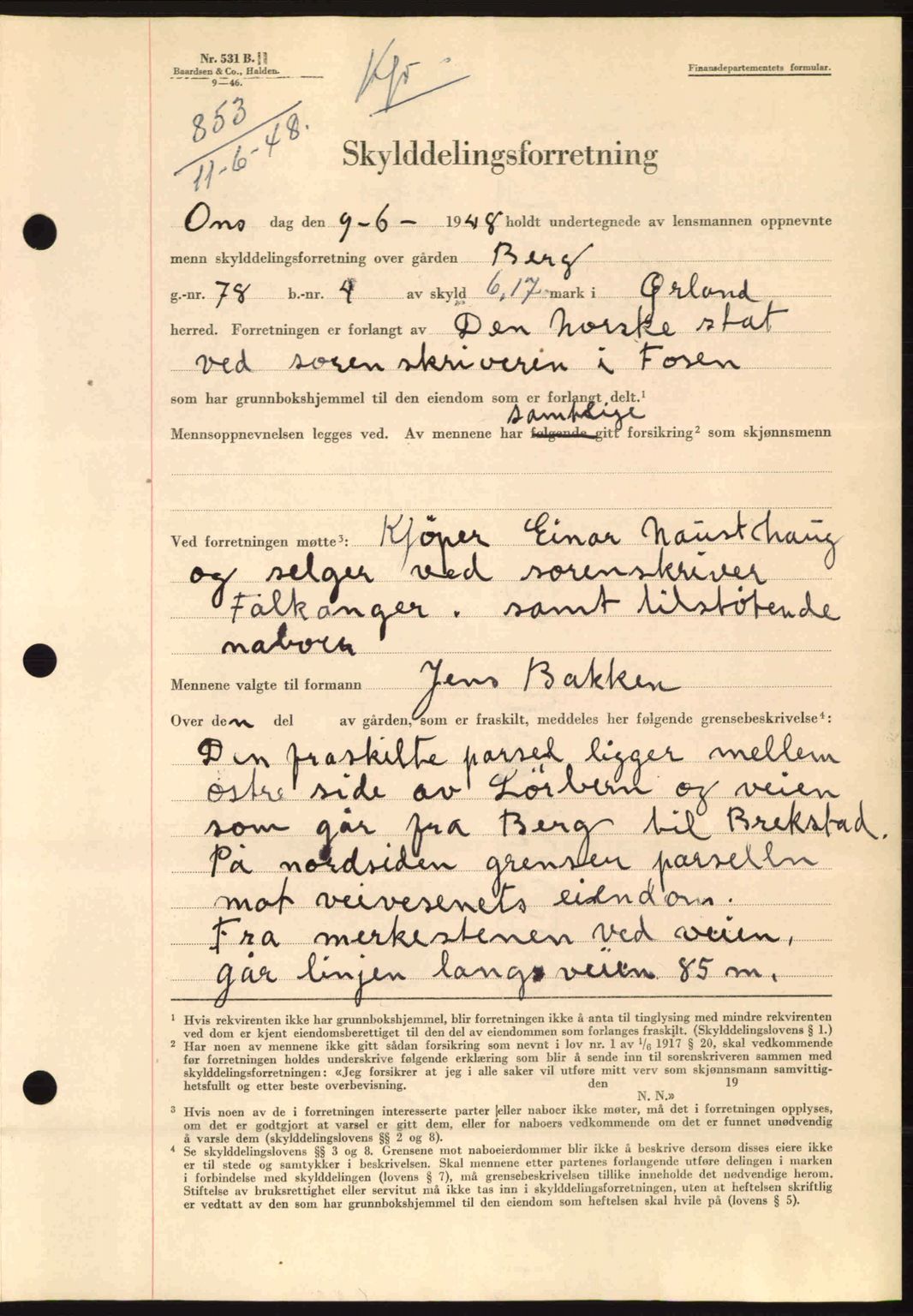Fosen sorenskriveri, AV/SAT-A-1107/1/2/2C: Mortgage book no. A8, 1948-1948, Diary no: : 853/1948