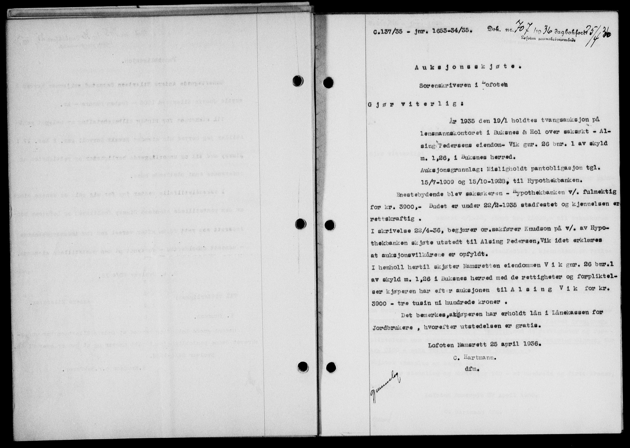 Lofoten sorenskriveri, SAT/A-0017/1/2/2C/L0033b: Mortgage book no. 33b, 1936-1936, Diary no: : 707/1936