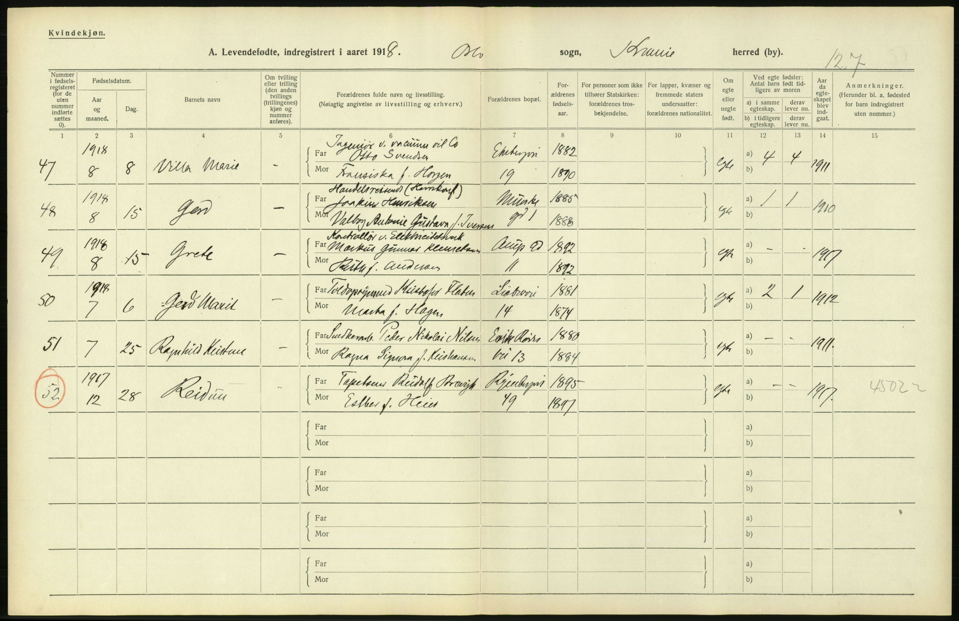 Statistisk sentralbyrå, Sosiodemografiske emner, Befolkning, AV/RA-S-2228/D/Df/Dfb/Dfbh/L0007: Kristiania: Levendefødte menn og kvinner., 1918, p. 314