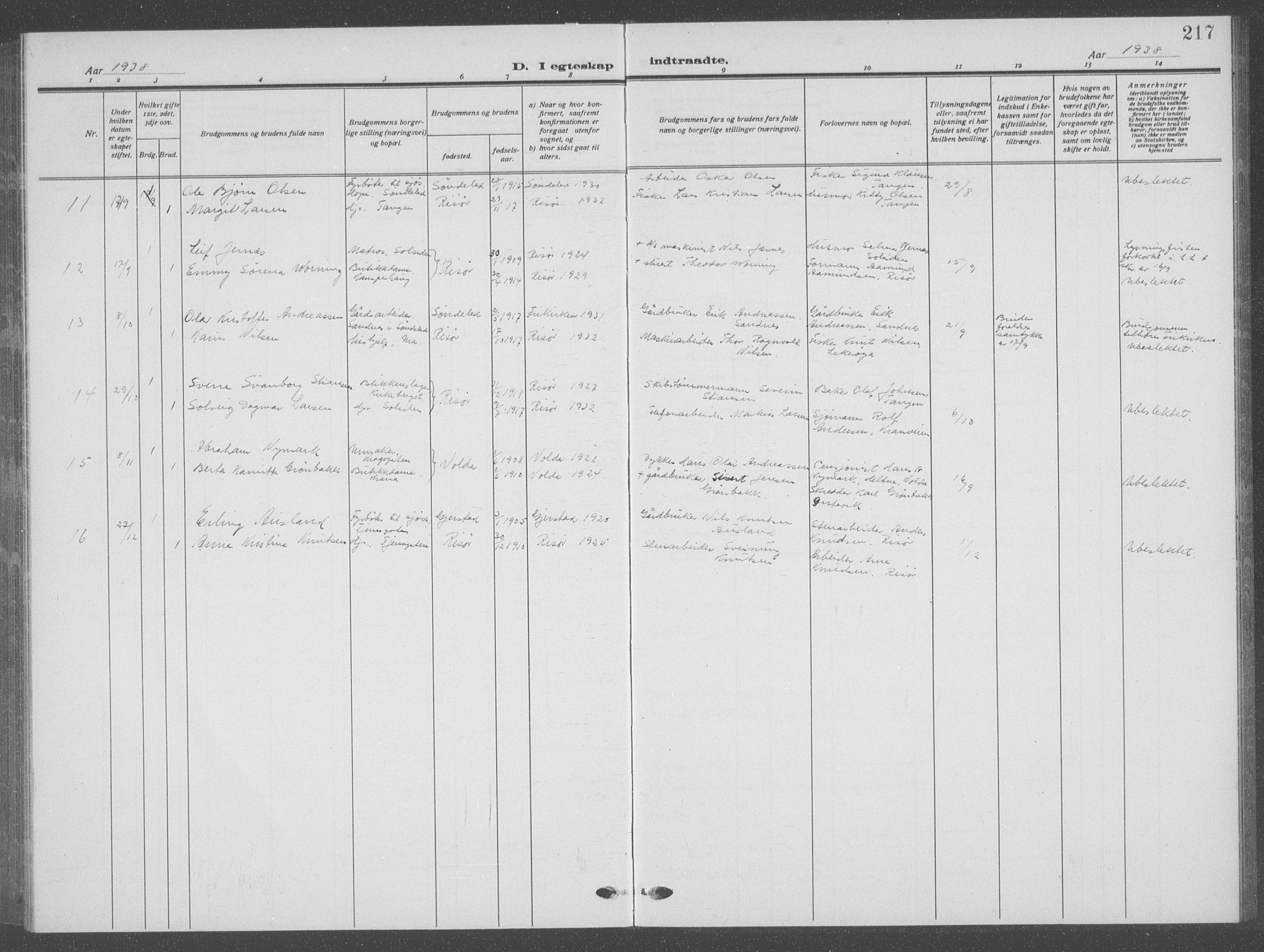 Risør sokneprestkontor, AV/SAK-1111-0035/F/Fb/L0009: Parish register (copy) no. B 9, 1922-1939, p. 217