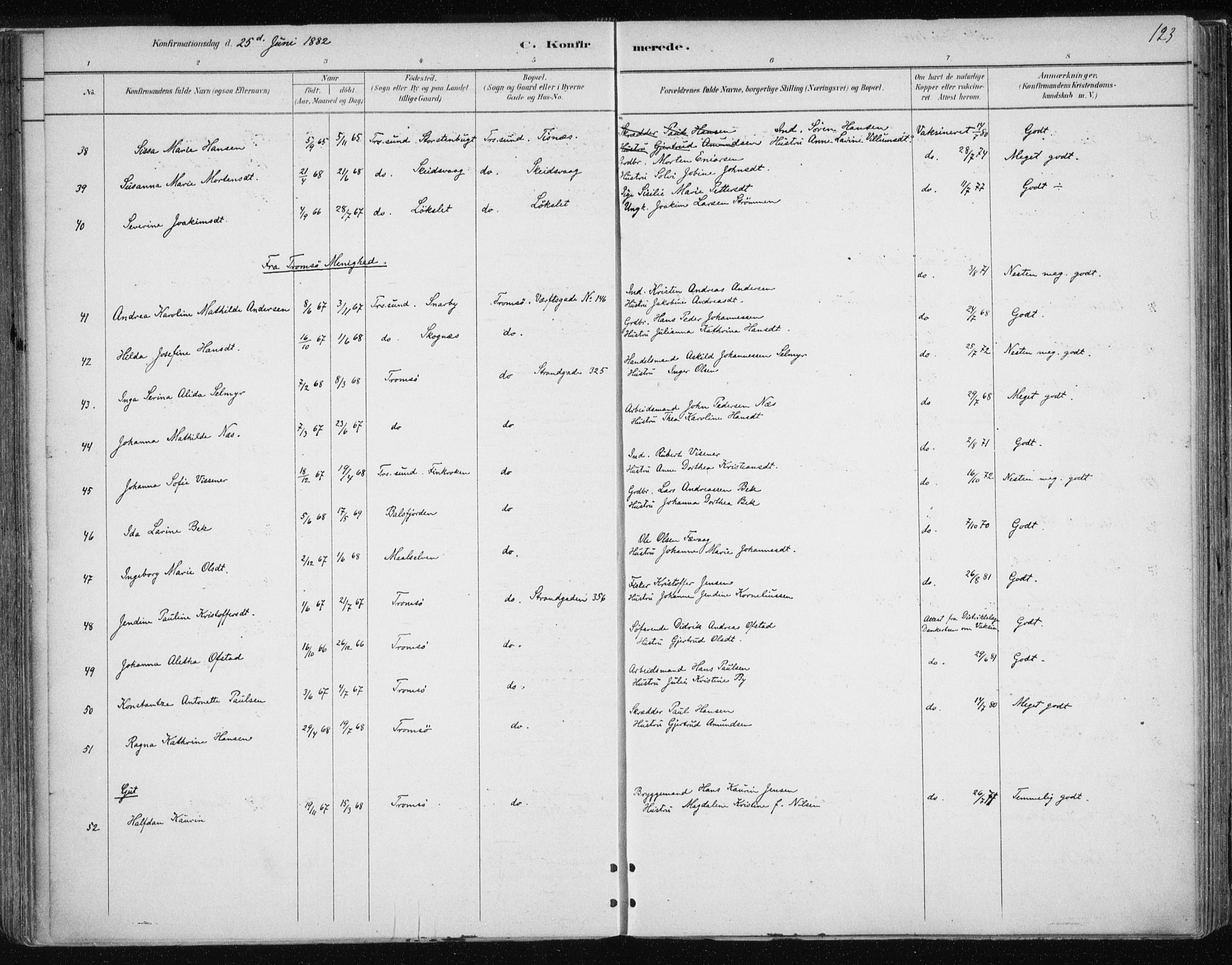 Tromsøysund sokneprestkontor, AV/SATØ-S-1304/G/Ga/L0004kirke: Parish register (official) no. 4, 1880-1888, p. 123