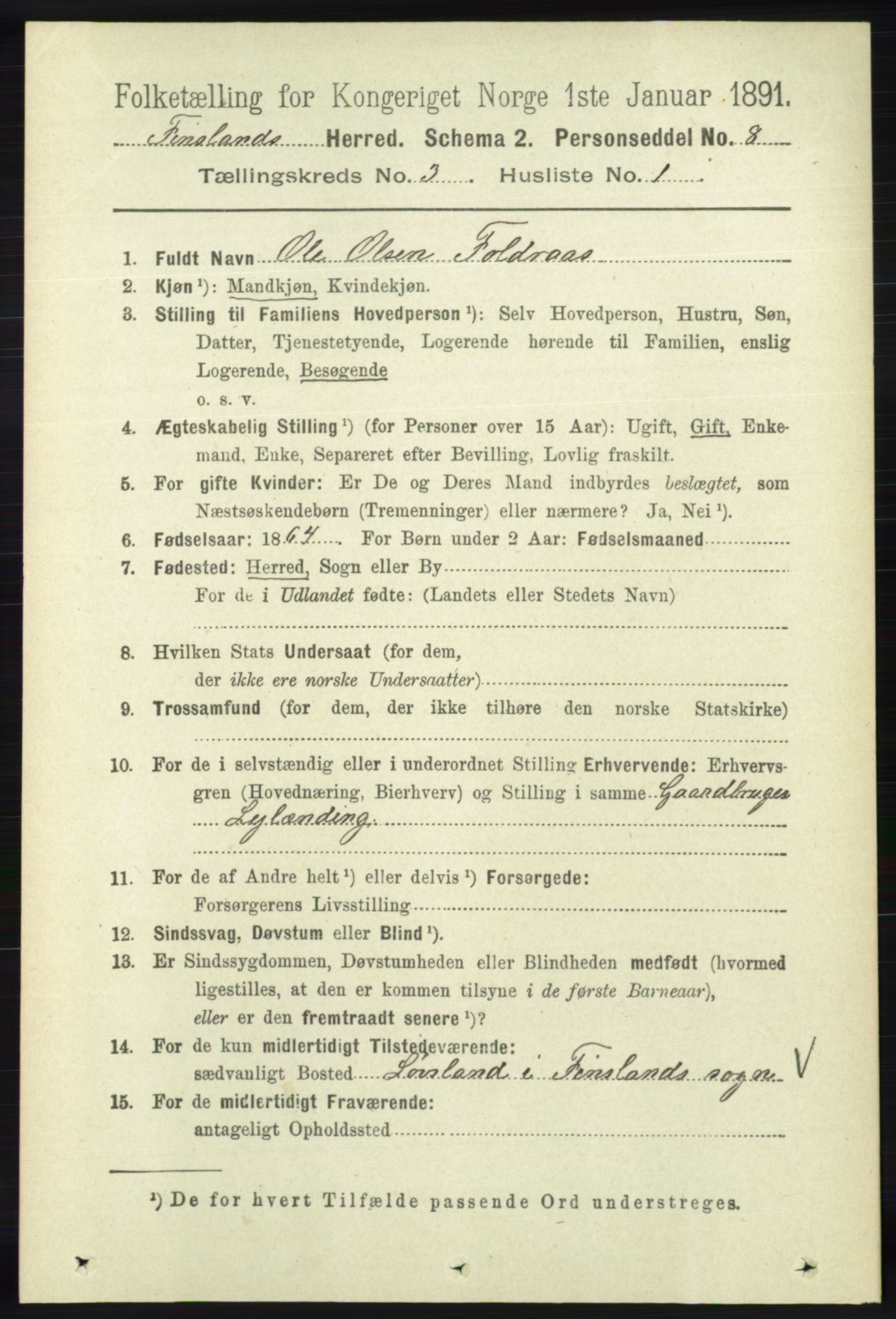 RA, 1891 census for 1023 Finsland, 1891, p. 779