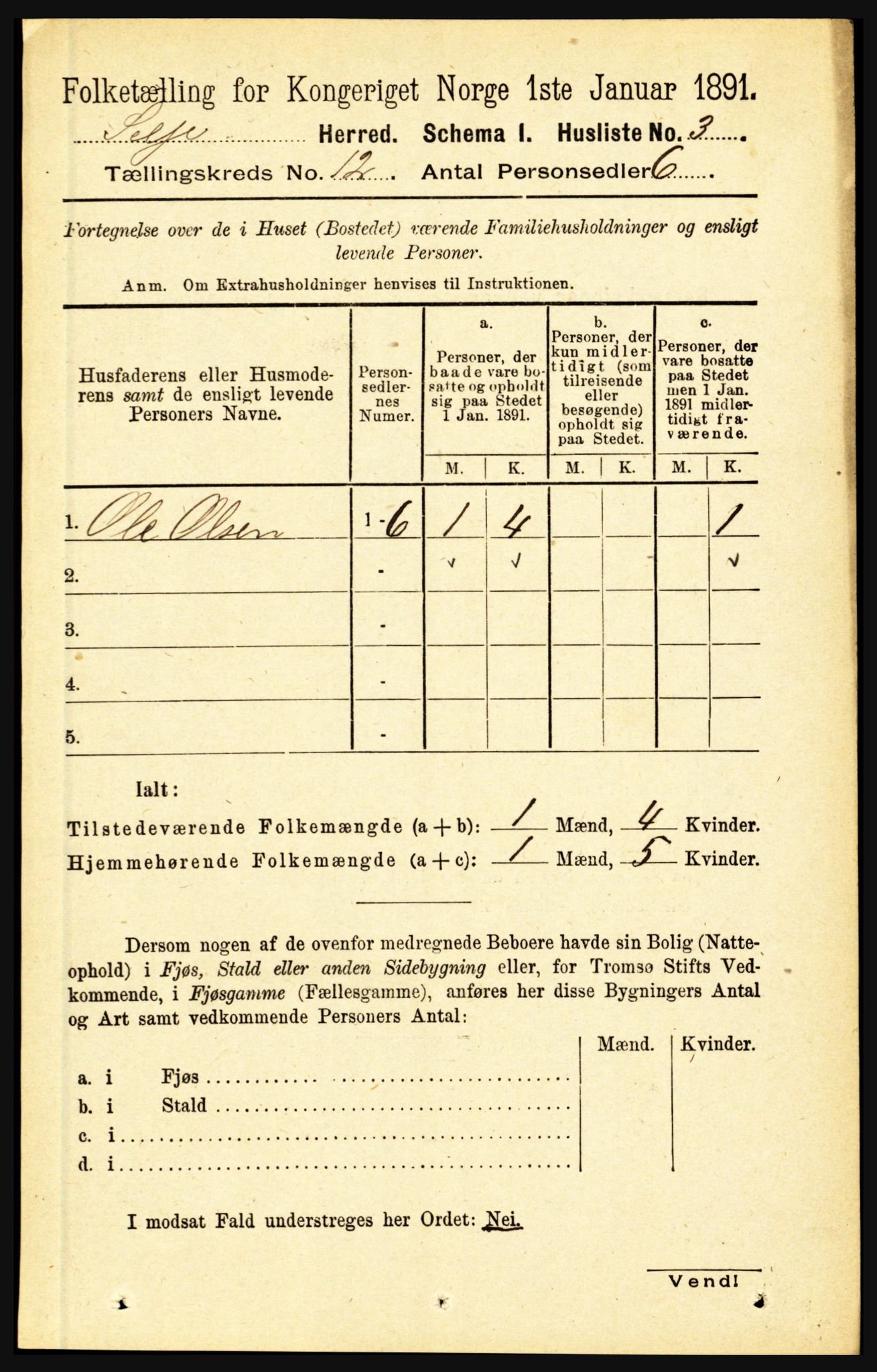 RA, 1891 census for 1441 Selje, 1891, p. 3626