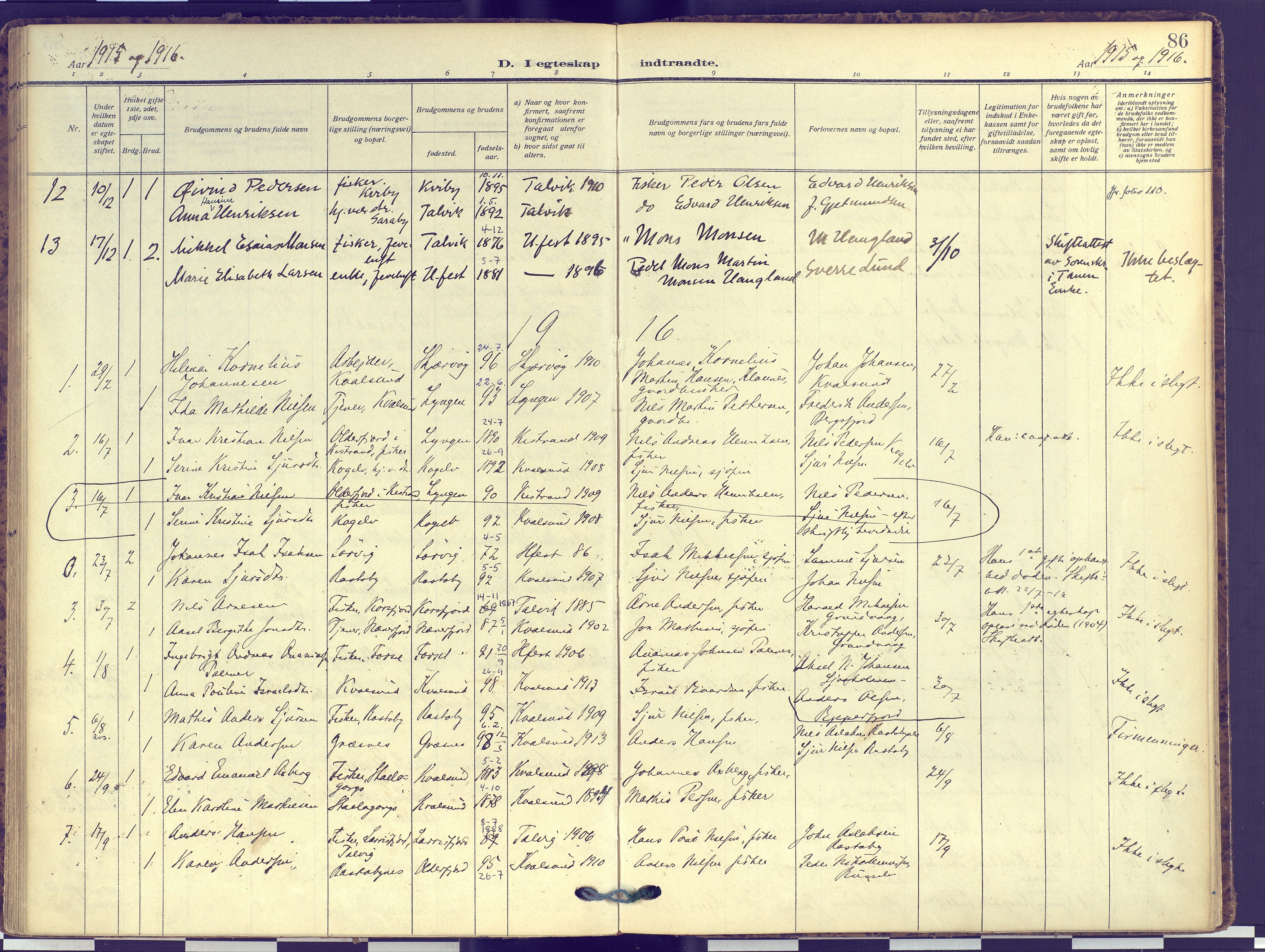 Hammerfest sokneprestkontor, AV/SATØ-S-1347/H/Ha/L0016.kirke: Parish register (official) no. 16, 1908-1923, p. 86