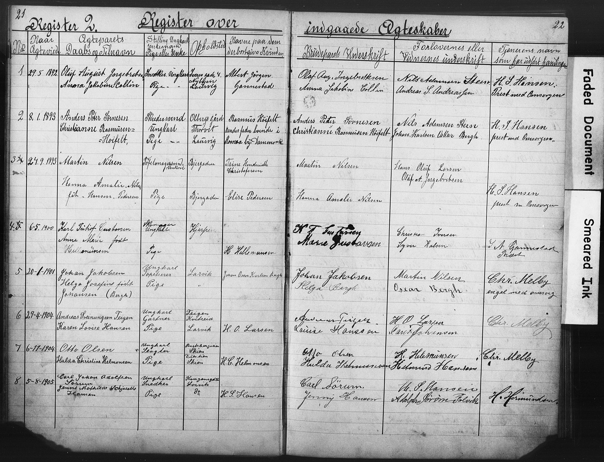 Den katolsk-apostoliske menighet i Larvik, SAKO/P-953/H/Ha/L0001: Dissenter register no. 1, 1888-1926, p. 21-22