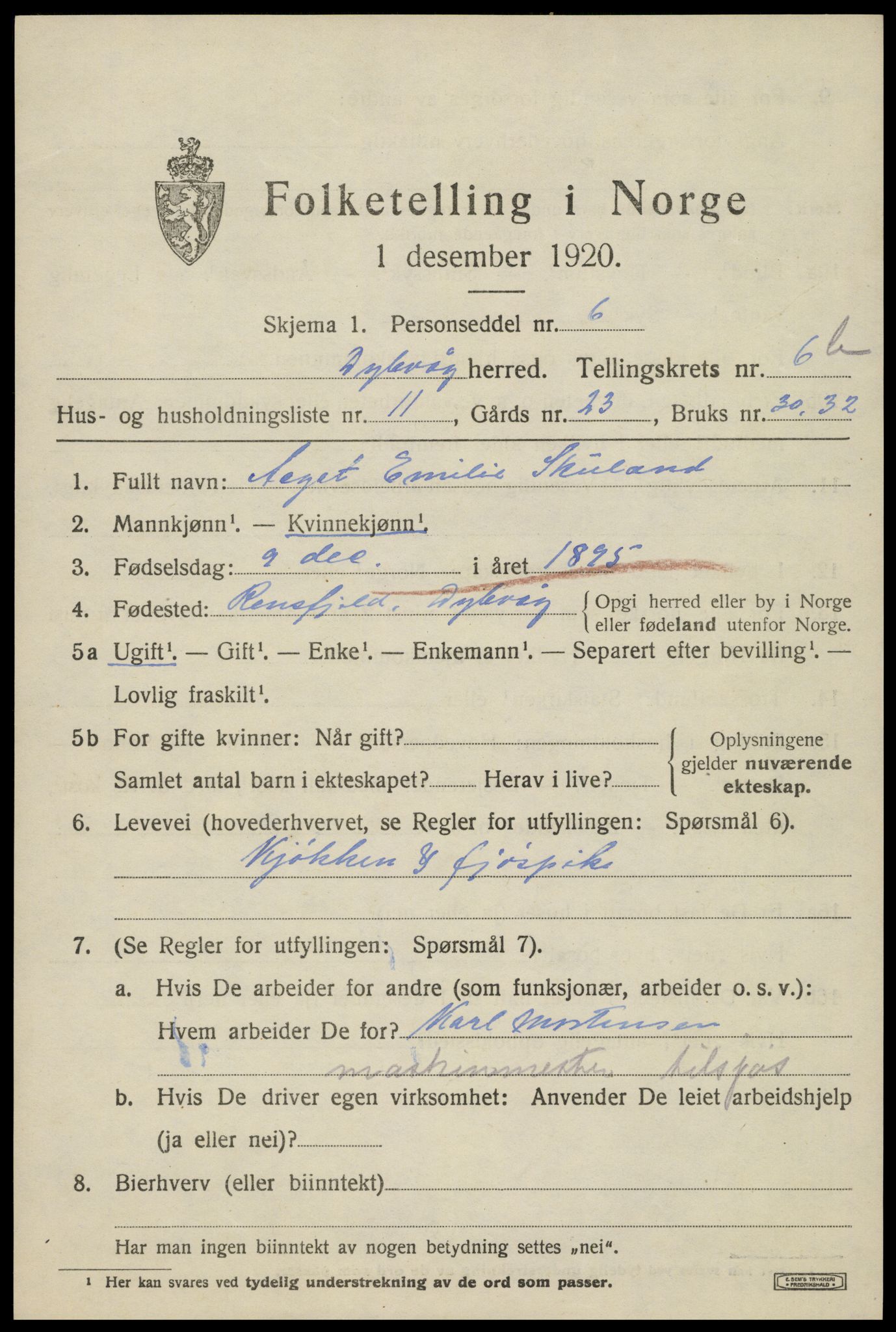 SAK, 1920 census for Dypvåg, 1920, p. 5537